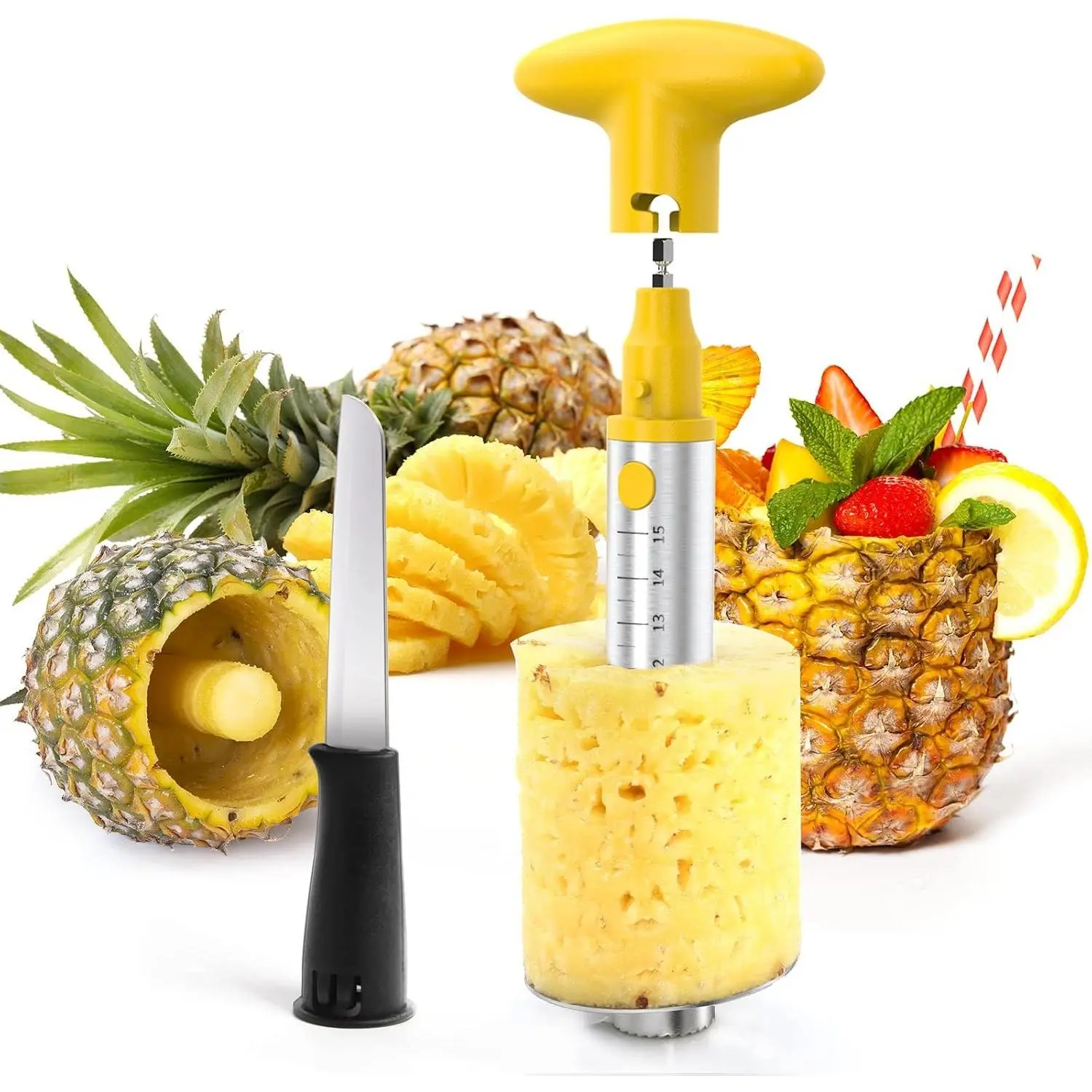 Upgraded Electric & Manual Durable Pineapple Cutter with Knife, Pineapple Corer with Electric Drill Accessory, Stainless Steel Fruit Peeler Slicer Core Remover Kitchen Tool
