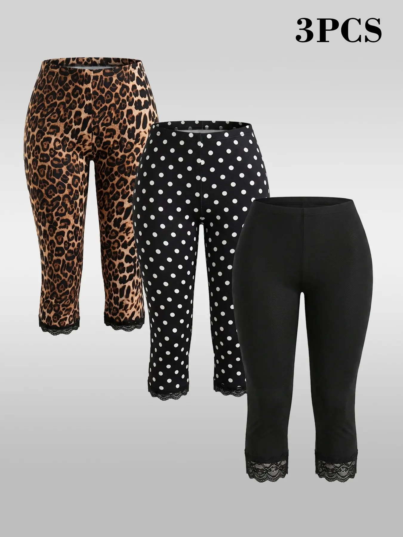 3pcs Women Lace Trim Capri Leggings, Leopard Polka Dot Print, High Waist, Stretch, Knee Length, Loose-Fitting, All Seasons Loungewear Pants