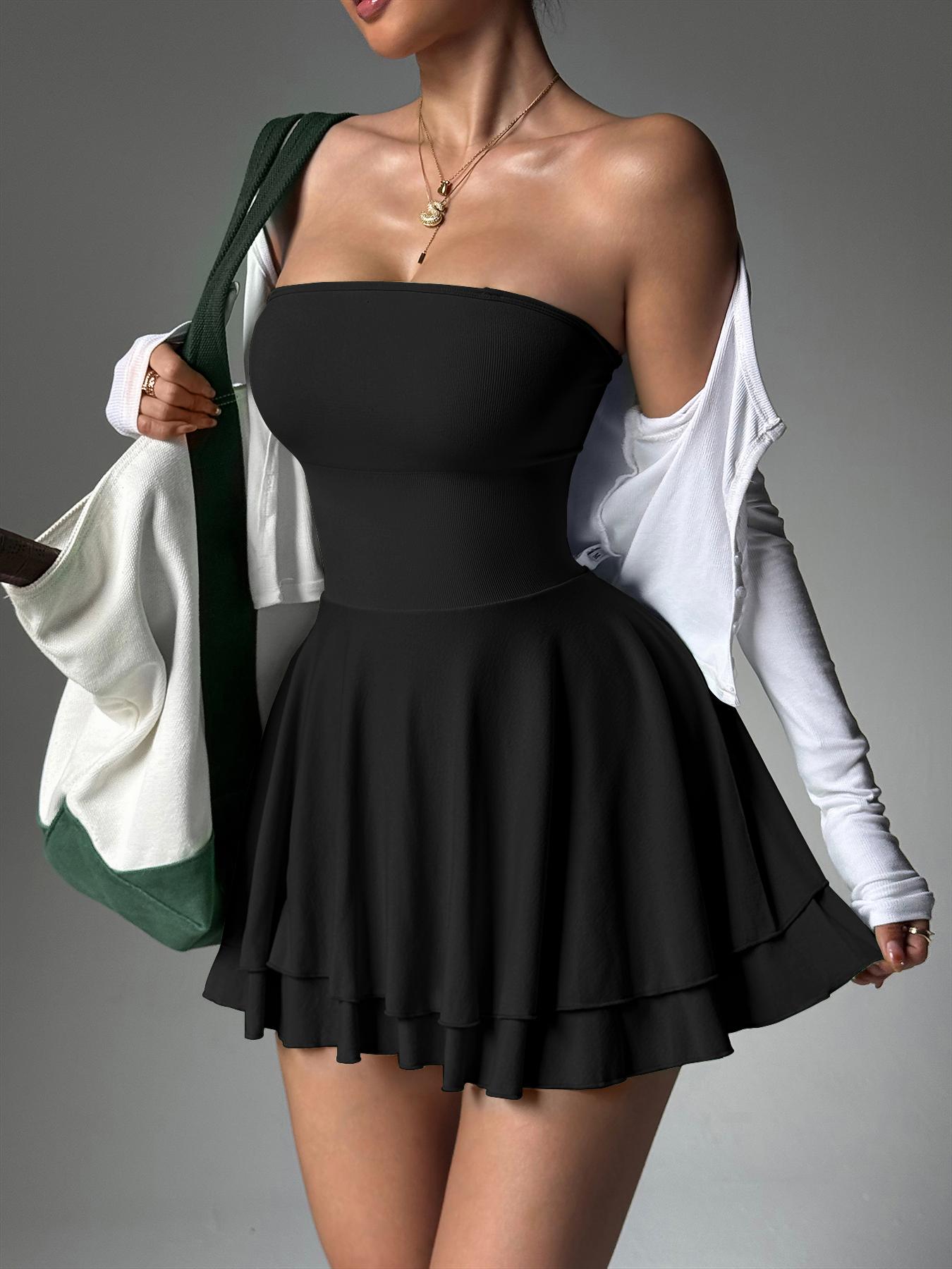 Women's Solid Color Sports Tube Dress, Sporty Sleeveless Strapless Short Dress for Gym Workout Running, Ladies Sportswear for Summer, Sleeveless Tennis Dress