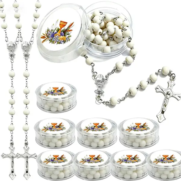 White Scented Wooden Rosary for Communion Favors, Bulk 12 Pack First Communion Party Gifts for Boys Girls, Scented Wood Bead Rosary Bracelet Religious Favor, Primera Comunion Party Supplies, Reusable Keepsake
