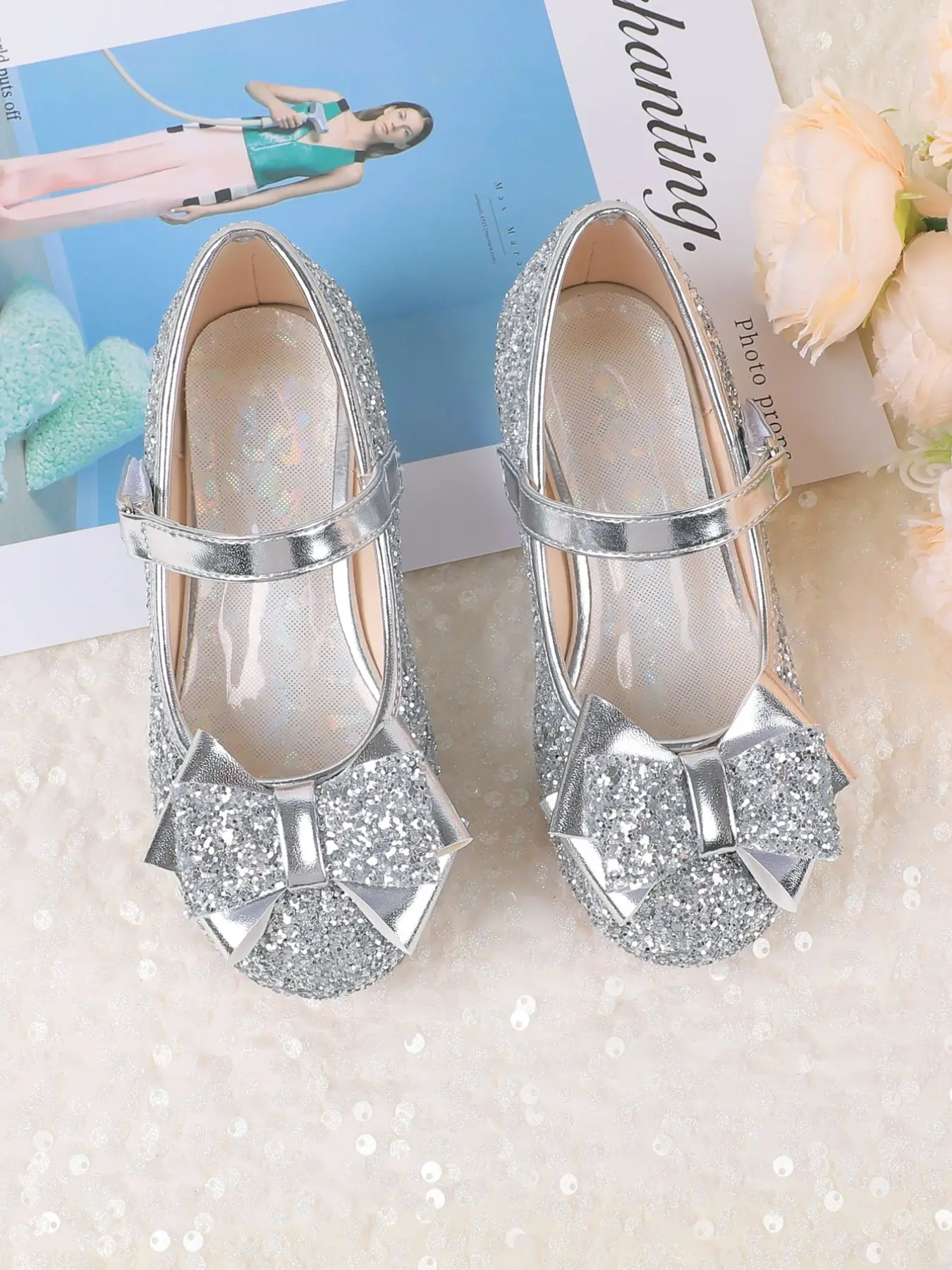 Girls' Dress Shoes, Mary Jane Shoes, Flower Girl Shoes, Bridesmaid High Heels, Glitter Princess Shoes, Bow Decorated Shoes, Children's and Toddler Sizes