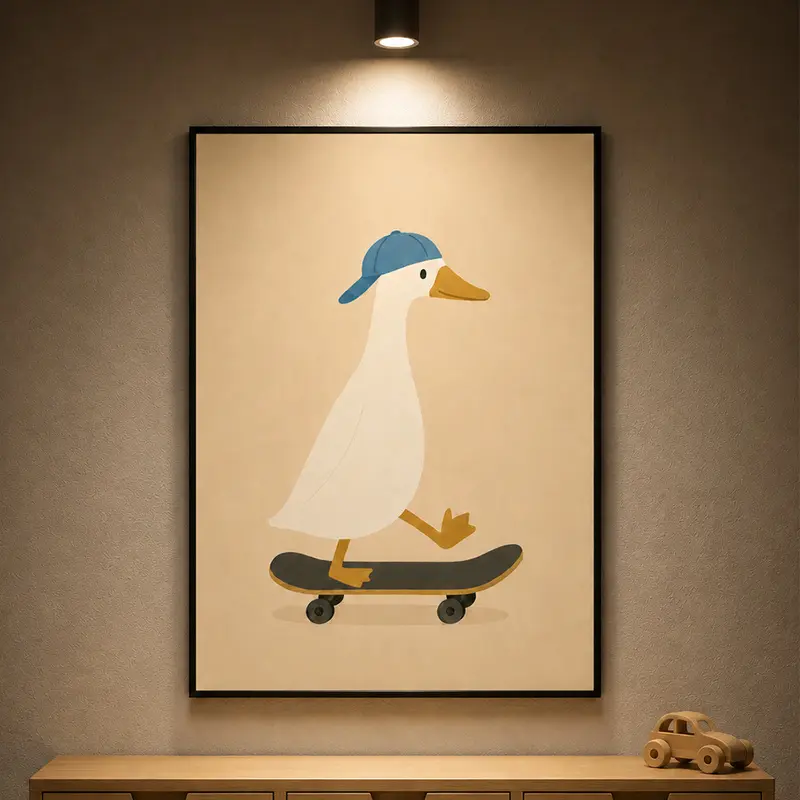 Fun & Playful Skateboarding Duck Wall Art, Cute Canvas Print for Kids’ Room, Nursery Decor, Playroom Poster, Funny Animal Art, Boys’ Bedroom Decor, Dorm Room Poster, Whimsical Wall Decor, Gift for Kids
