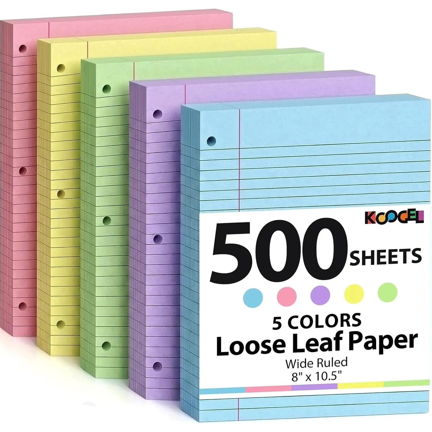 500 Sheets Colored Filler Paper, 5 Colors 8 x 10-1/2 Inch Wide Ruled, 3-Hole Punched, Loose Leaf Notebook Paper for 3 Ring Binders, for Students & Office, School SuppliesGift.