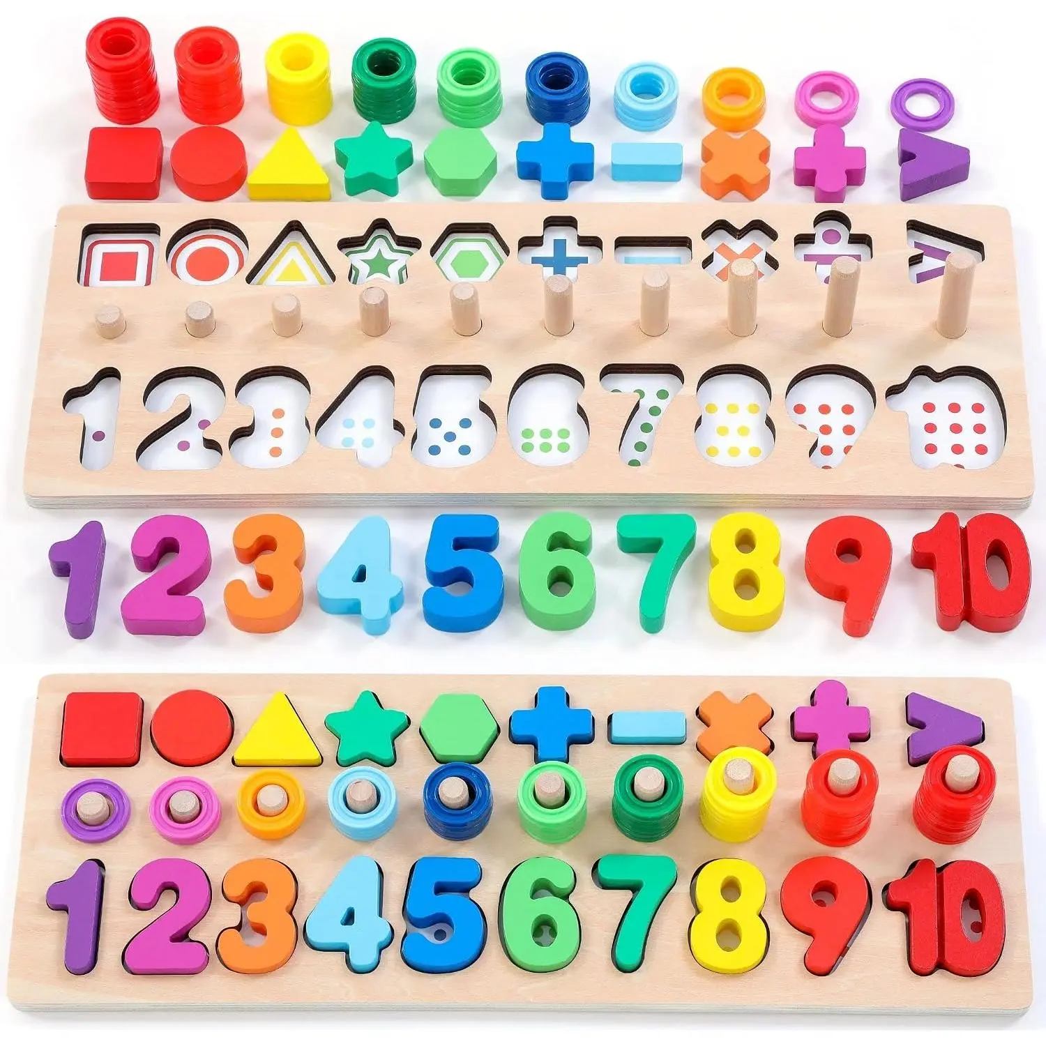 Wooden Montessori Number Puzzles Sorter Counting Shape Stacker Stacking Game Preschool Learning Education Math Blocks Gifts for Toddler Boy Girl (Rainbow)