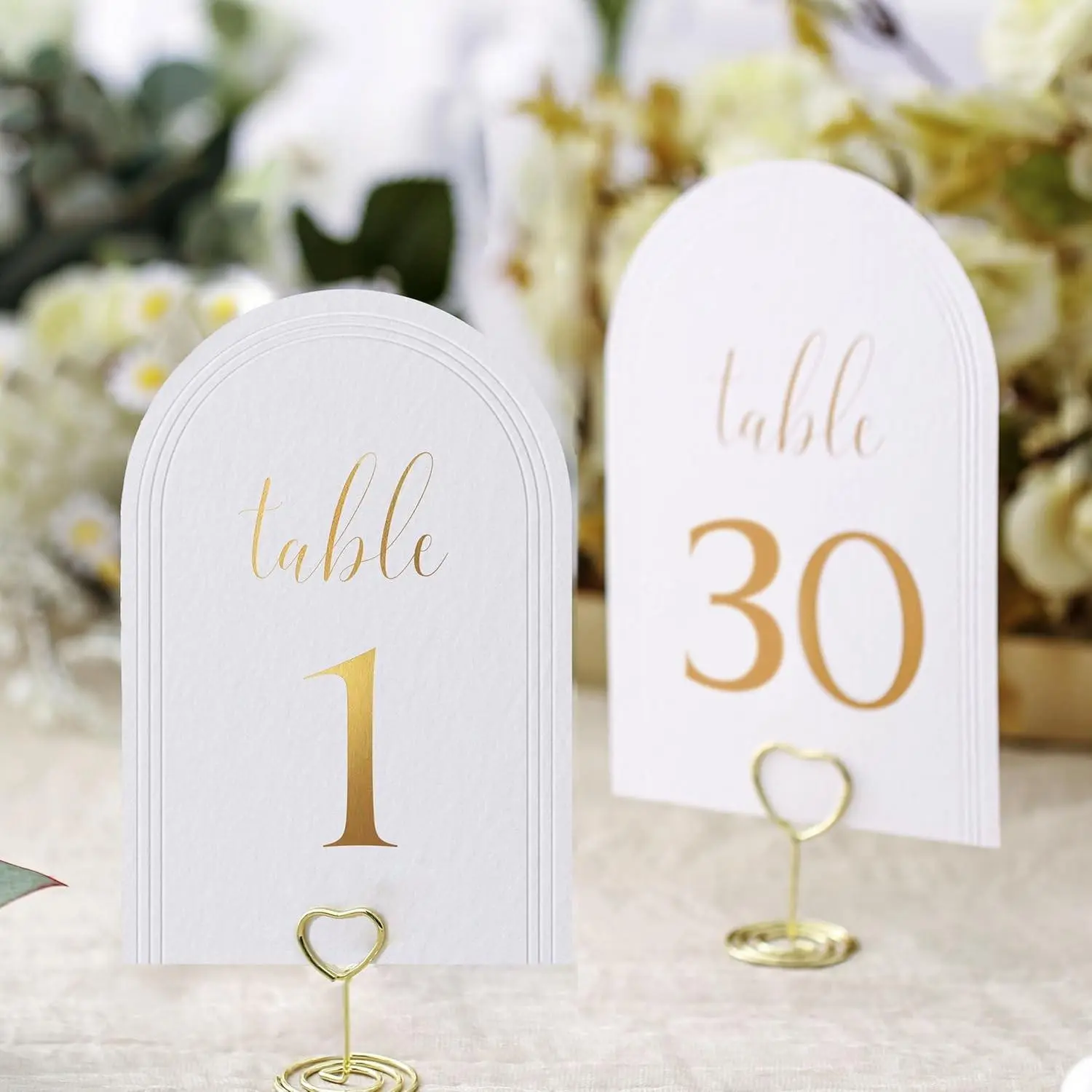 Numbered Table Signs Set (1-30 + Head Table), 4x6 in White Art Paper, Double-Sided, Gold Foil Embossed, Elegant Centerpiece Event Decor for Wedding Receptions (No Holders)