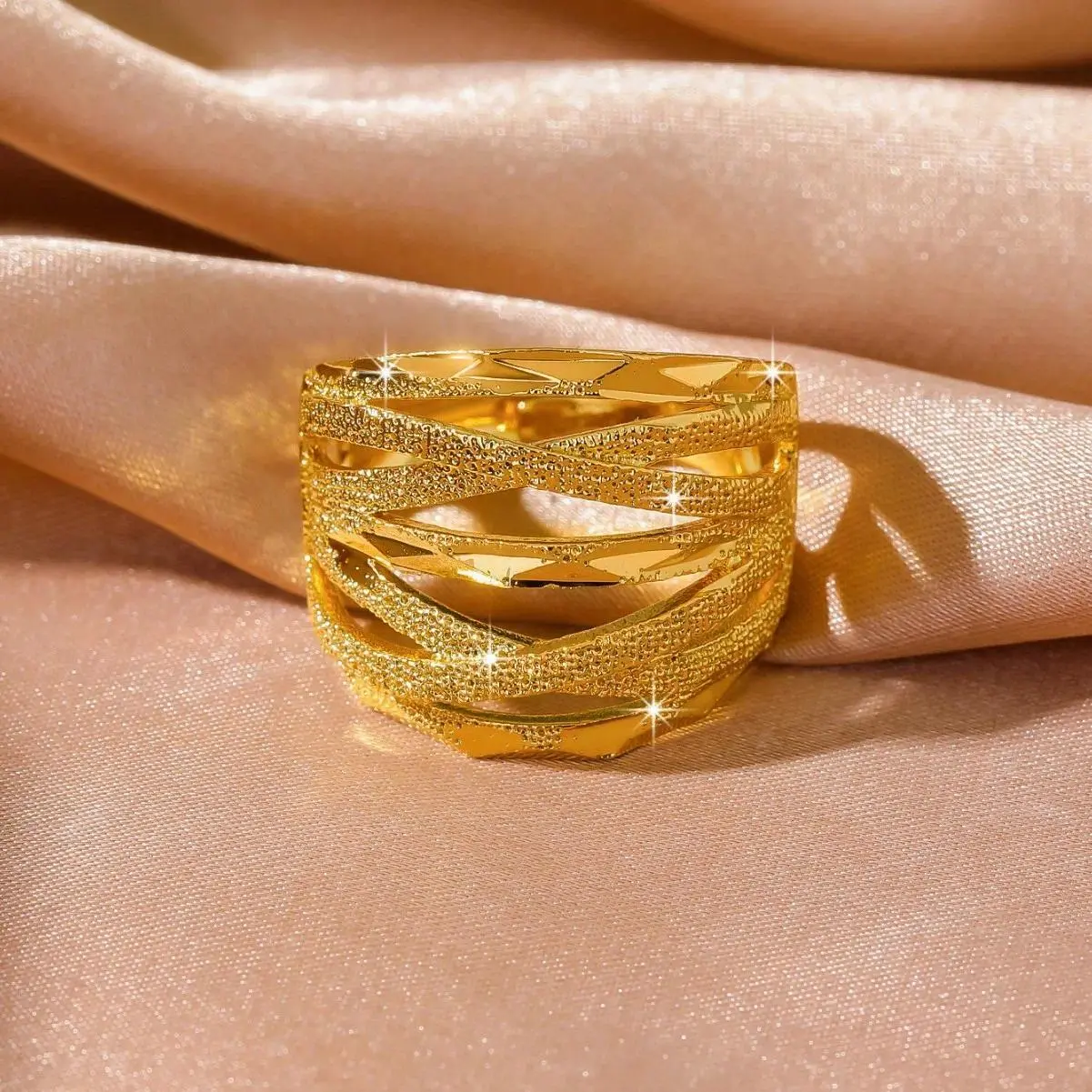 Retro Artistic Retro Stackable Open One Size Ring For Women 24K Gold AU999, high-end texture