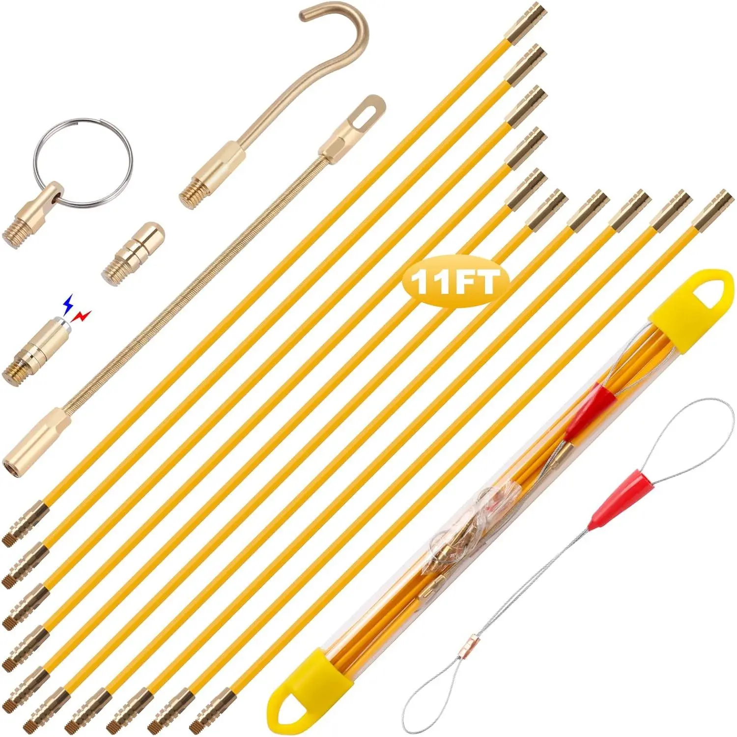 GJANSH 11' Fiberglass Running Electrical Wire Cable Pulling Fish Tape Kit with 5 Different Attachments and Fish Tape Tool in a Carrying Case