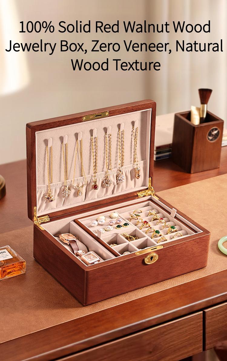 Solid wood embedded double-layer home jewelry box, desktop earring and ring storage box, flip-top lockable accessory storage box