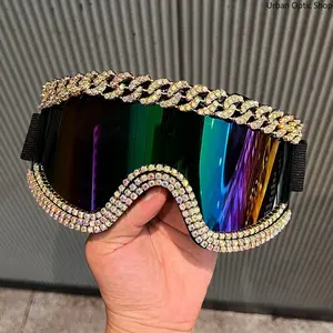 XUH Women's Glam Rhinestone Ski Goggle Sunglasses - Fashion Accessories with Gold Cuban Chain, Crystal Trim, Iridescent Mirrored UV400 Lenses, Adjustable Strap for Party, Rave, Halloween Cosplay