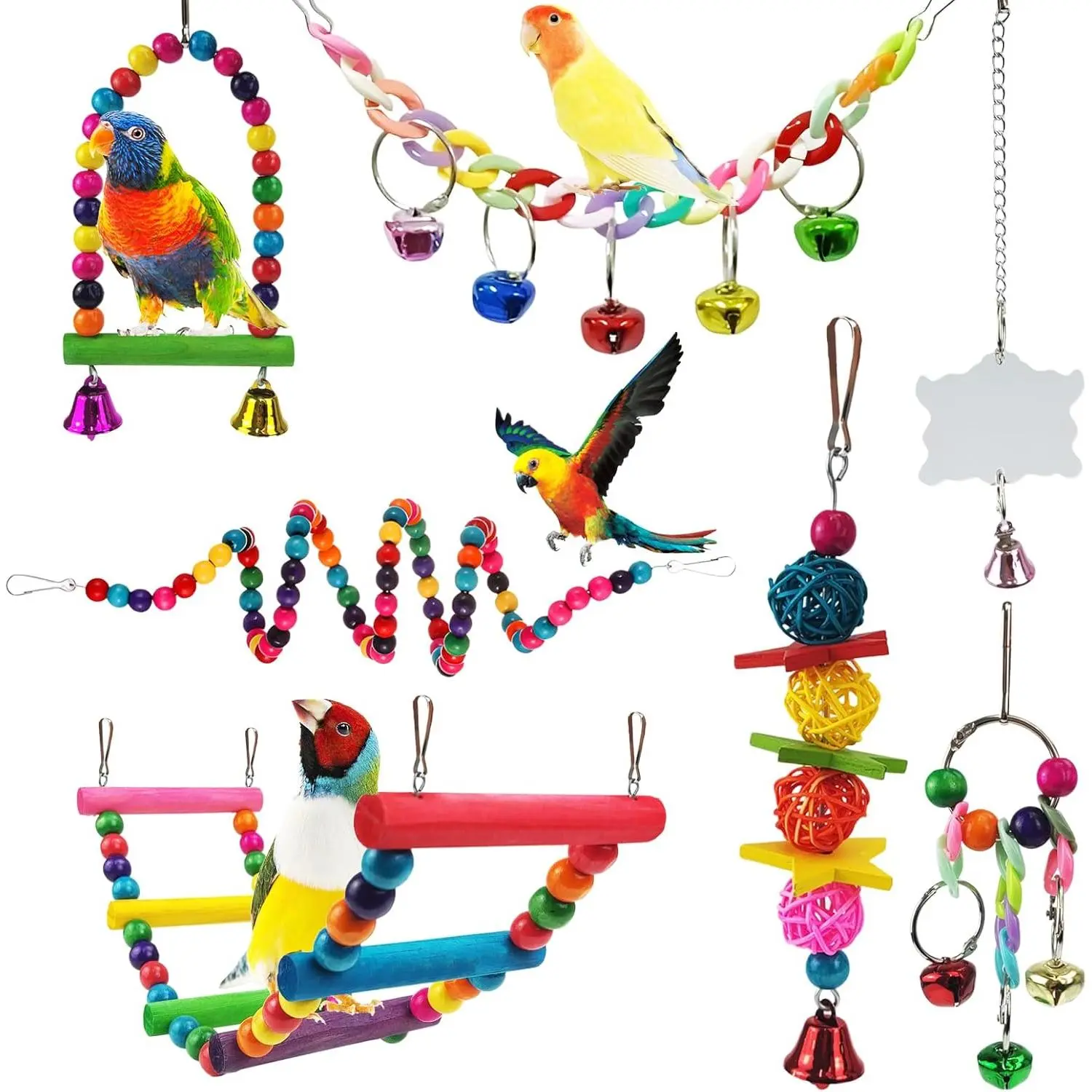 7 Pcs Colorful Bird Toys for Parakeets, Pet Bird Cage Hammock Swing Climbing Ladders Chewing Toy Mirror Hanging Bell Wooden Perch for Budgerigar Conures Love Birds