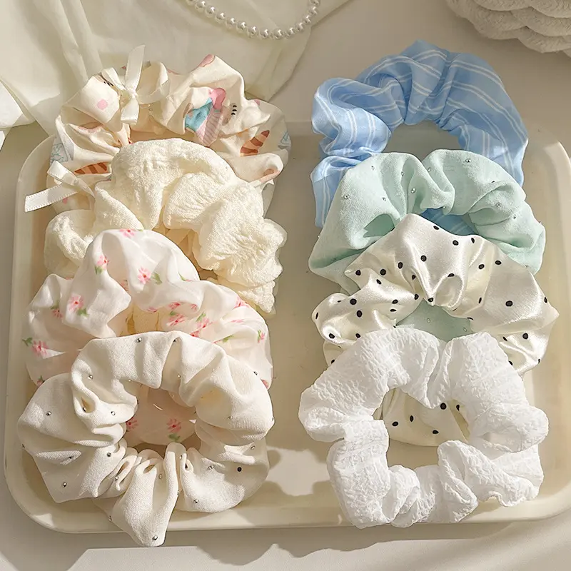 4/8pcs Cute Floral Polka Dot and Striped Scrunchies Set Soft Fabric Hair Ties with Rhinestone Decor Elastic Hair Scrunchies for Women Girls Sweet Casual Style Hair Accessories for Daily and School Use
