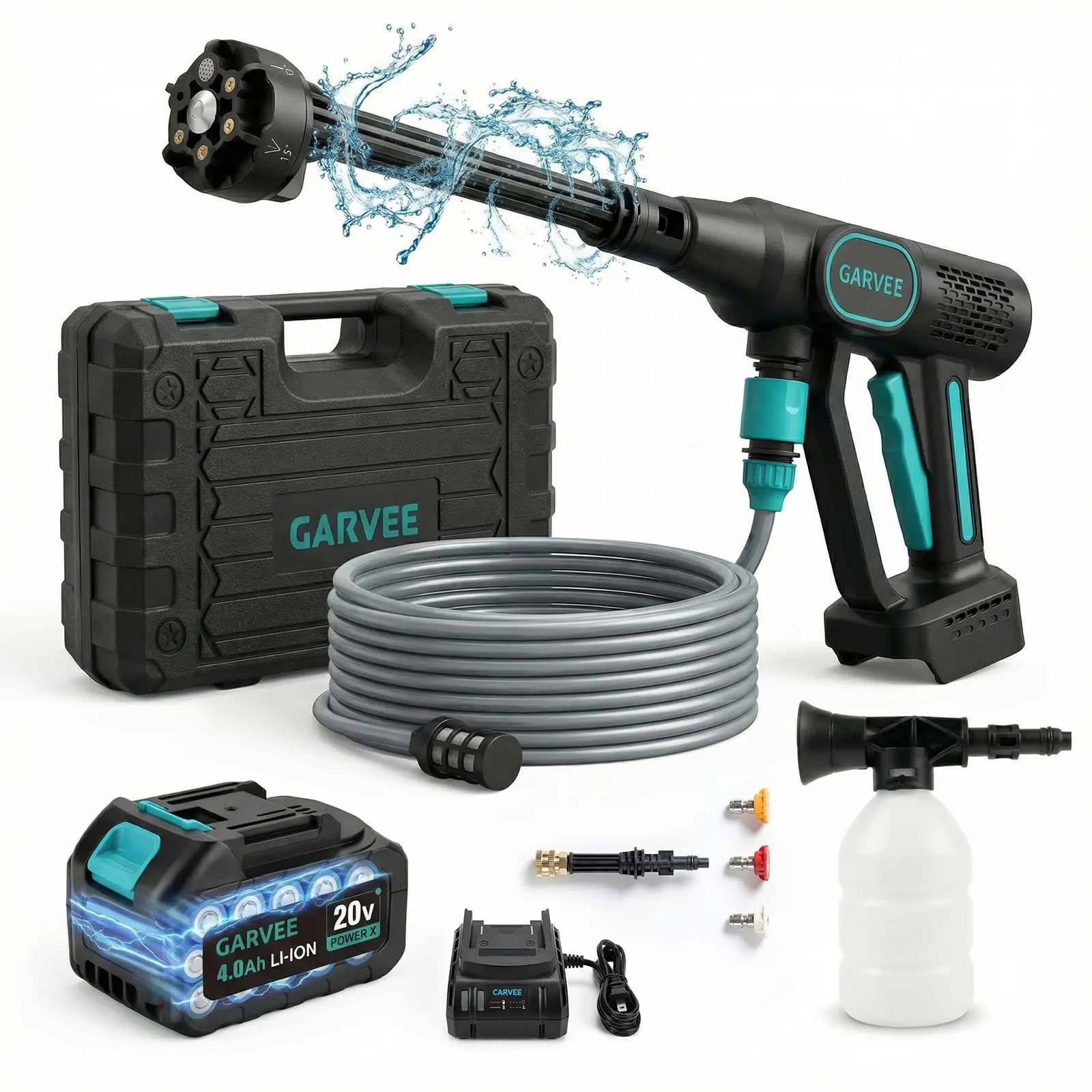 【GARVEE】20V Brushless Cordless Pressure Washer, 320 PSI Portable Pressure Cleaning Tool with 6-in-1 Adjustable Nozzle, Foam Cannon, 26ft Kink-Resistant Hose - Father's Day Gift for Car, Patio, Pressure Cleaning Tools