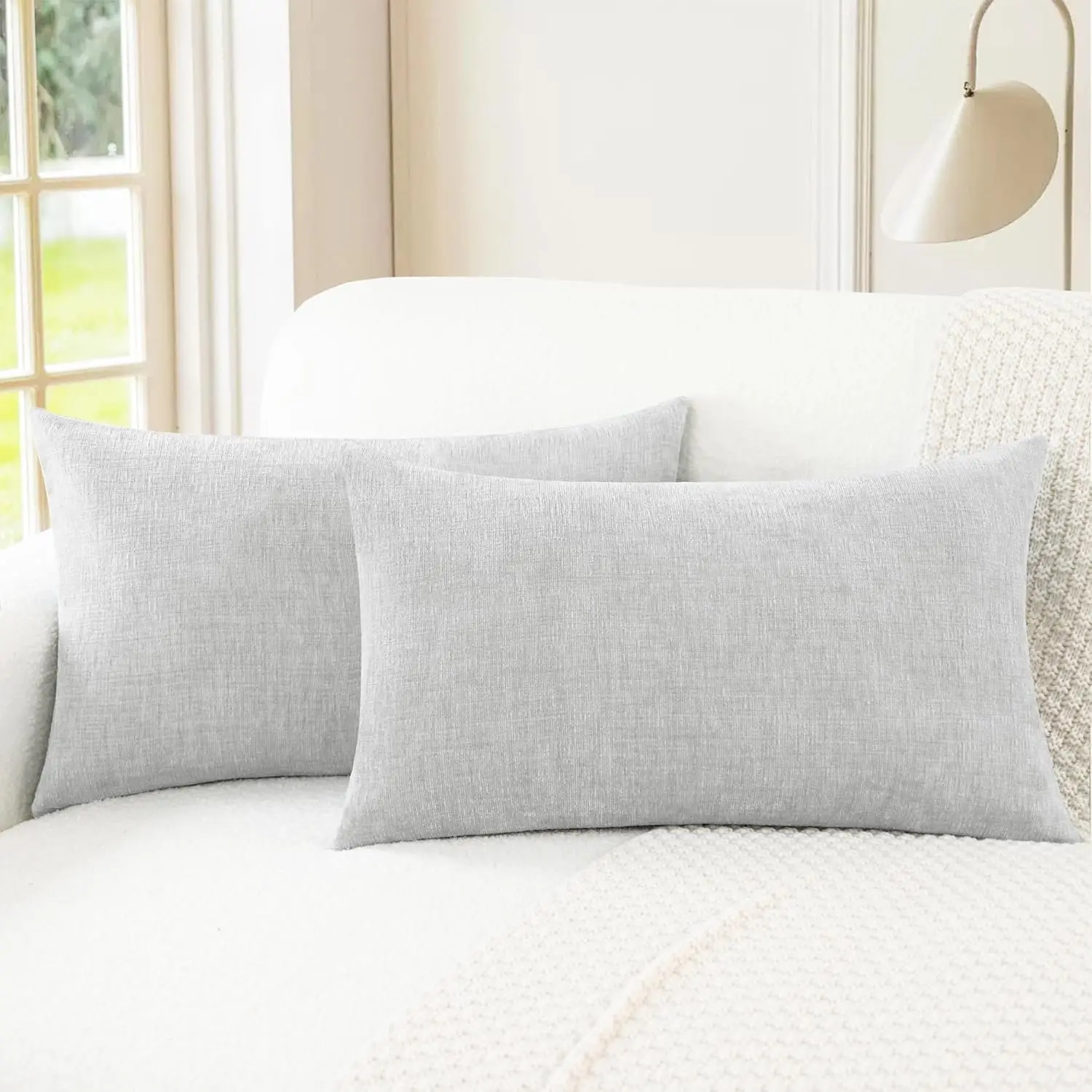 2-Pack Cozy Chenille Pillow Covers, Solid Gray Cushion Cases (12x20 in) - Neutral-Tone Soft Texture for Indoor Recreation Living Room Couch, Home Decor