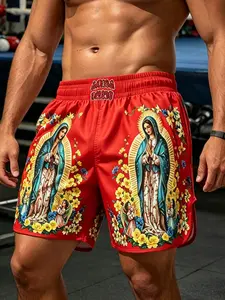 Men's Full Print Gym Shorts, Elastic Waist Split Five-Quarter Pants, Chicano American Retro Fitness Casual Trendy Pants