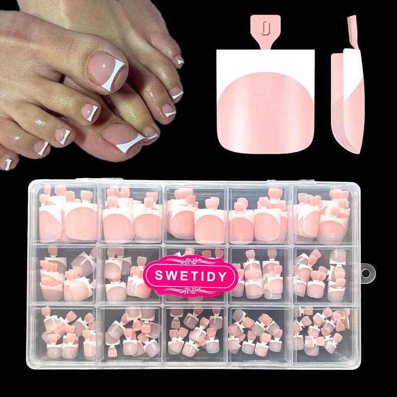 Toe Nail Tips Press on, French Fake Short Toe Tips, 150Pcs Square Round Acrylic Toenail Press Ons, 15 Sizes French Baby Pink Wearable Full Cover Fake Toenails