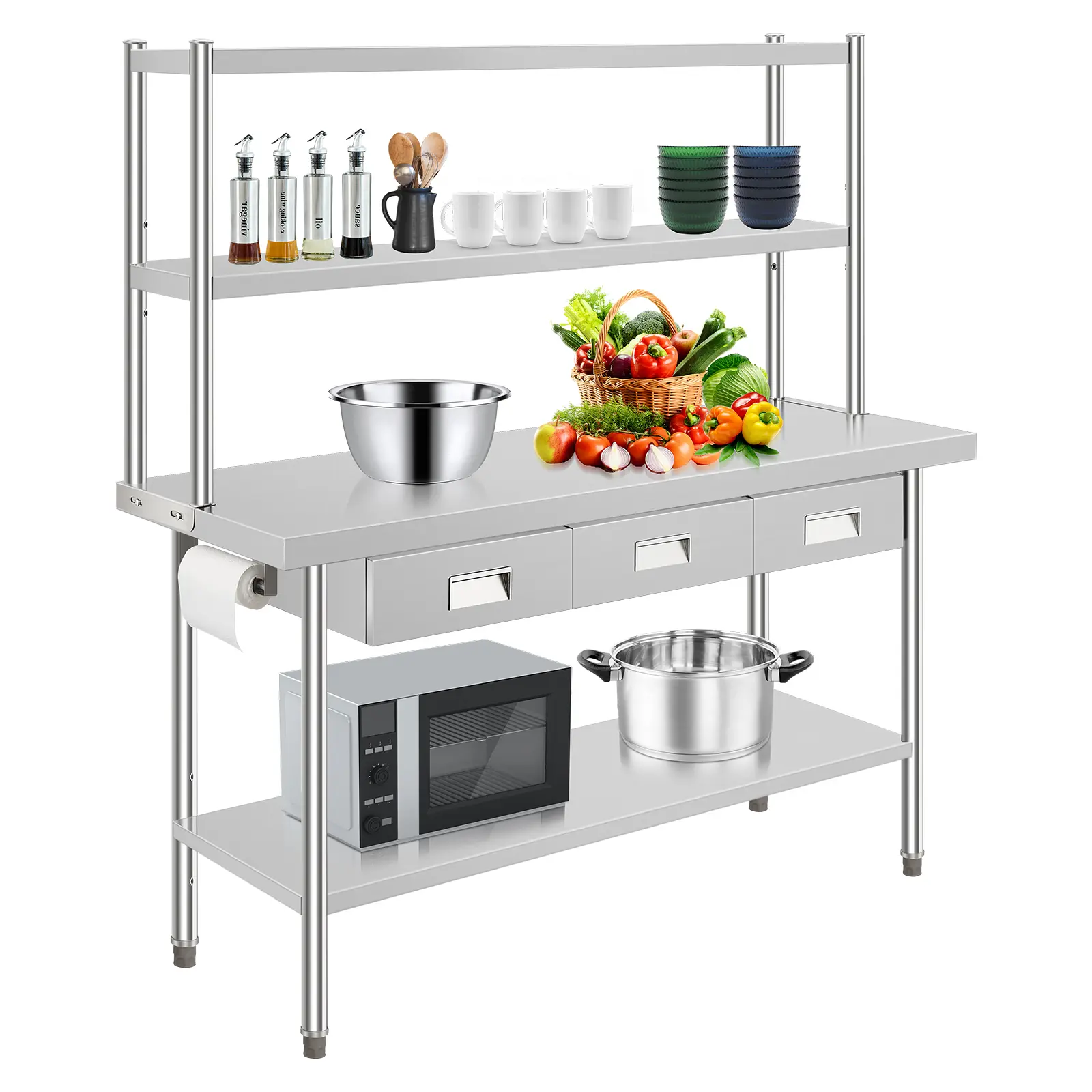 Industrial Heavy-Duty Stainless Steel Work Table with Adjustable Overshelf, 3 Drawers, Bottom Storage Shelf, Paper Towel Holder & Organiser - Commercial Kitchen Prep Workbench