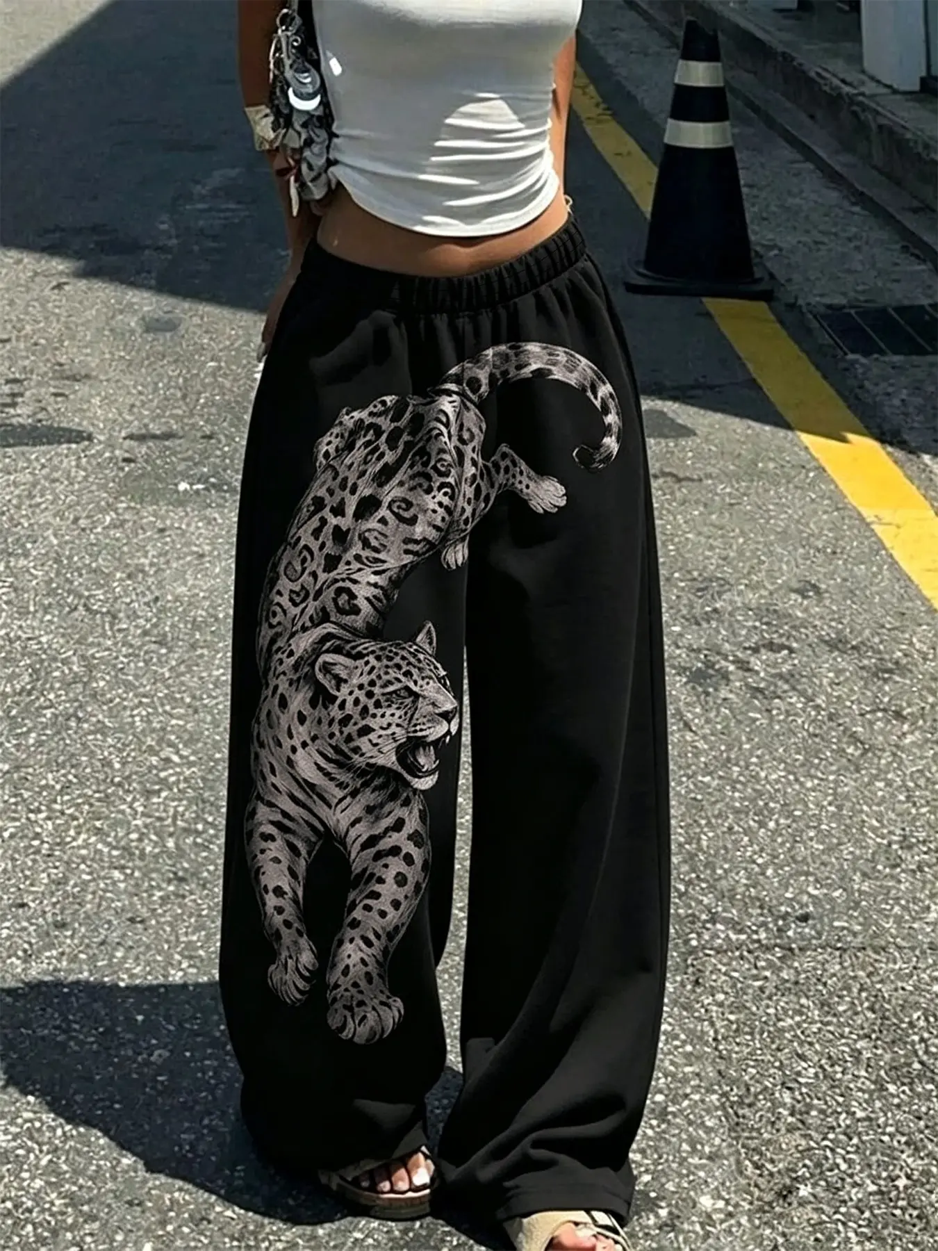 Women's Loose Wide Leg Sweatpants, Leopard Graphic Print Elastic Waist Trousers For Hip Hop Daily & Outdoor Street Wear