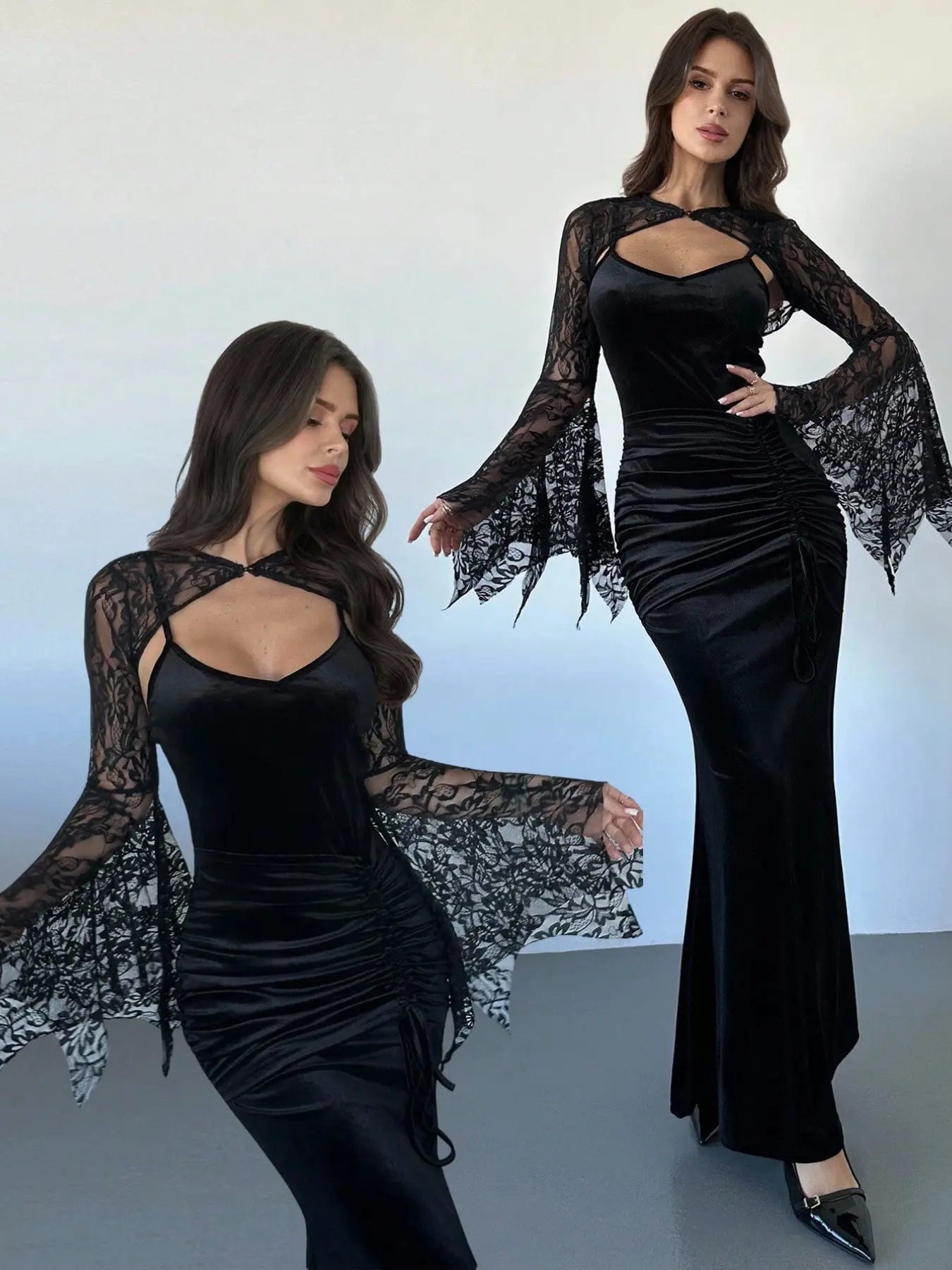 Women Gothic Lace Velvet Dress, Bat Wing Sleeves, Drawstring Waist, Mermaid Hem, Dress for Halloween Party, Elegant Formal Evening Wear