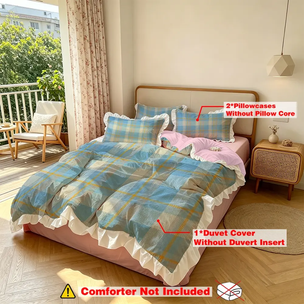 A three-piece bedding set (excluding quilts and fleece liners) featuring a blue and yellow plaid pattern with lace trim on the bed skirt and a lotus-leaf-edge quilt cover. It boasts a delicate white ruffled design and is suitable for use in bedroom