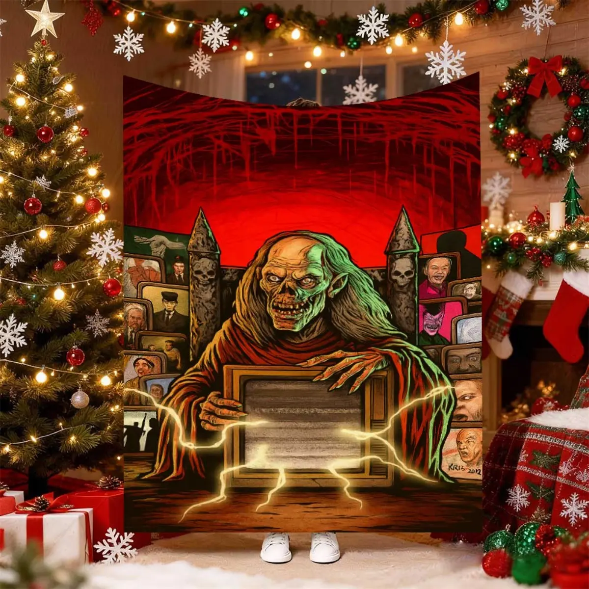 Undead Wizard Zombie Flannel Throw Blanket Red Background Cemetery Tombstone Vintage TV Lightning Creepy Horror Art Soft Fleece Blanket Macabre Gothic Man Cave Sofa Decor Gift