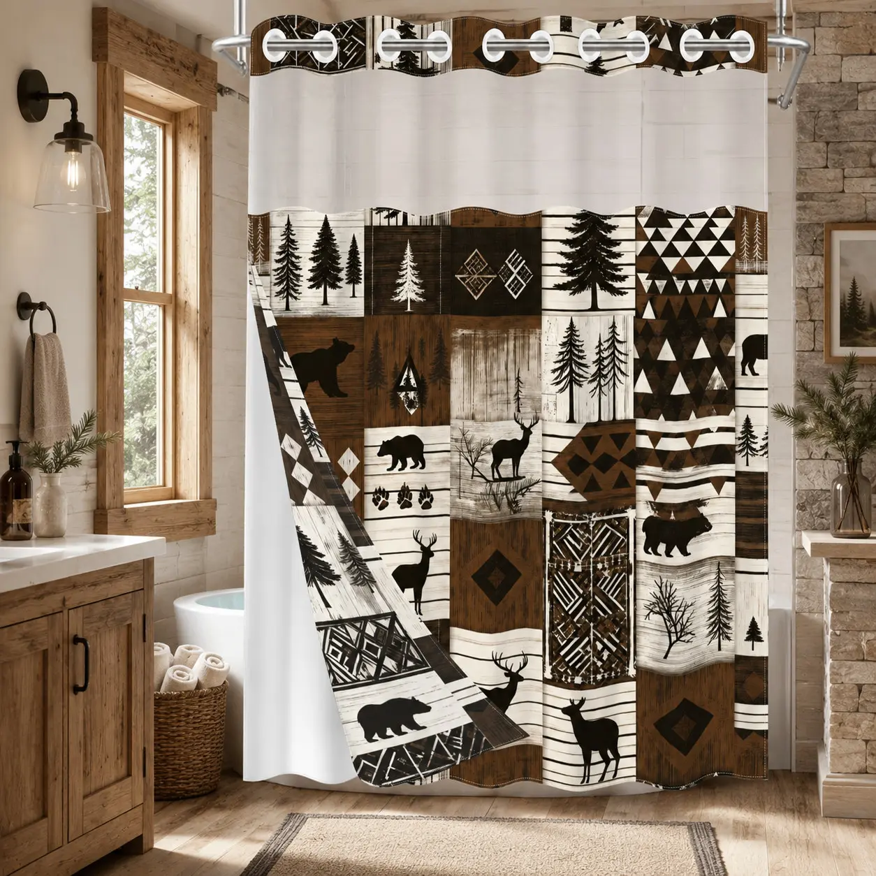 1 Pc Hookless Double Layer Shower Curtain with Snap-in Liner, Rustic Bear Deer Pine Tree Wood Grain Print, Waterproof Bath Curtain with Mesh Top Window, Farmhouse Lodge Bathroom Decor for Apartment Home Hotel Dorm