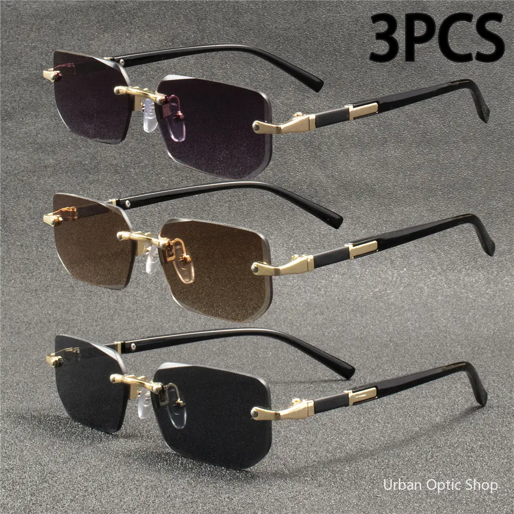 XUH 3 Pack Small Rimless Square Sunglasses for Men and Women, PA Frame with Anti-Glare UV400 Shield for Summer Travel