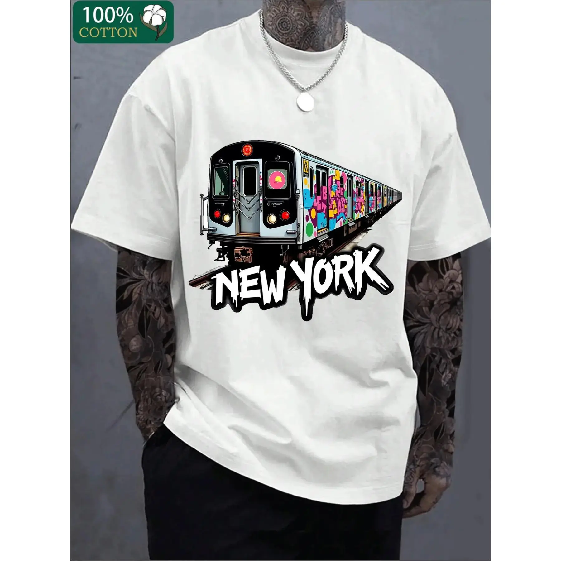 New York Subway Graffiti Print 180g  Cotton Breathable Regular Short Sleeve Crew Neck Casual Top Machine Washable for Outdoor and Casual Attire