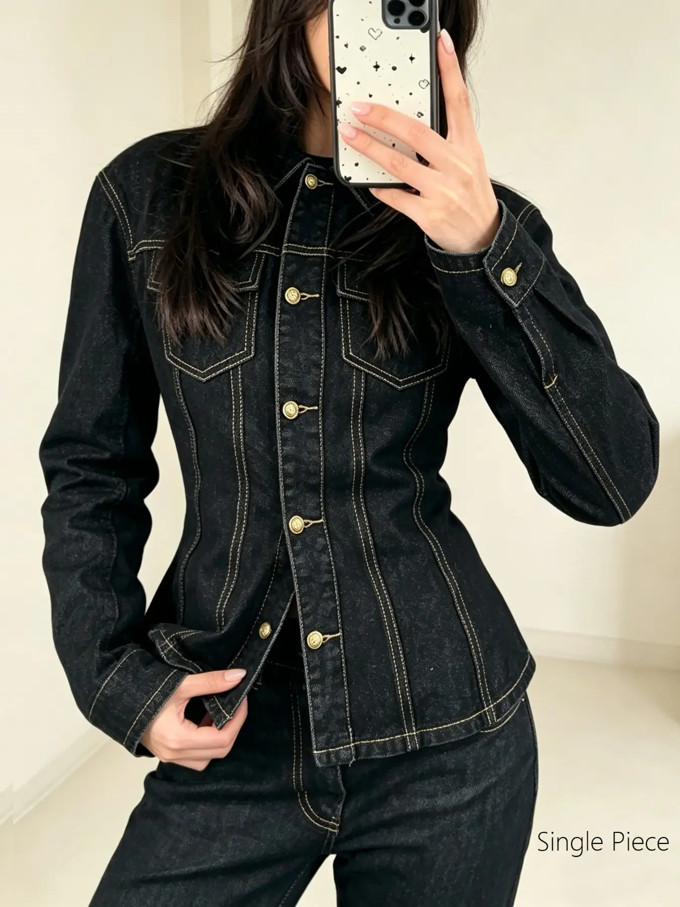 Women's Fall Winter Versatile Slim Fit Denim Jacket, Patchwork Colorblock Metal Buttons, Waist-Cinch Slimming Design, Stylish Outerwear