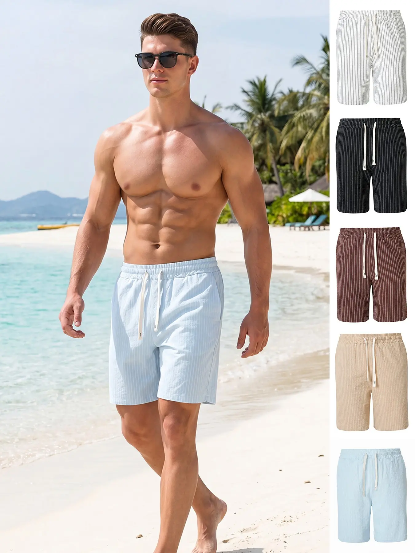 Men's Linen Shorts, Striped Casual Drawstring Shorts, Lightweight Breathable Beach Vacation Bottoms, Loose Fit Summer Daily Wear, Outdoor Travel Resort Shorts, Clearance Deal, Trending Essential, Essential for Man's Wardrobe