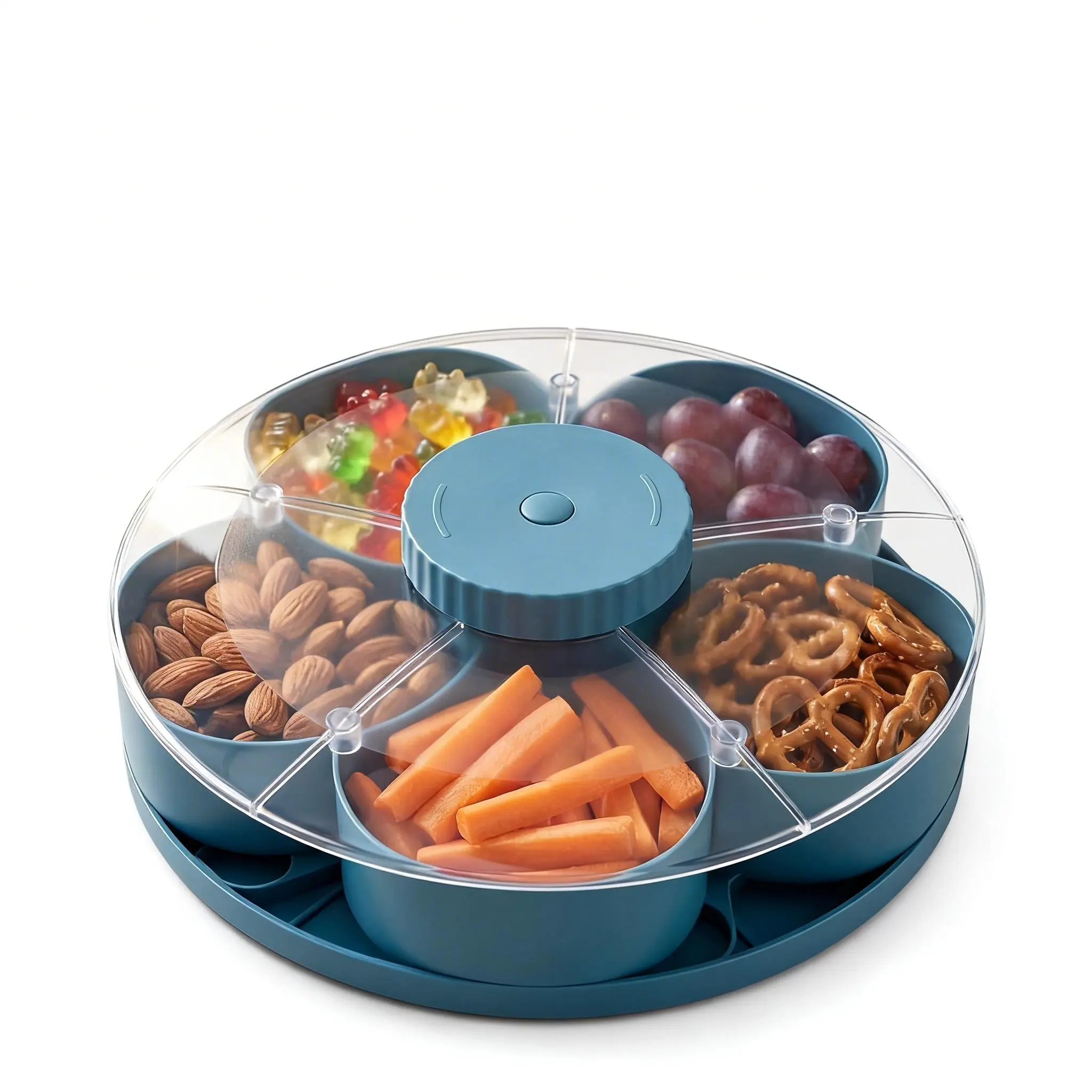 5-Compartment Rotating Creative Snack Tray - Lightweight Plastic Kitchen Containers, Indoor Space-Saving Party Serving Platter with Fun Petal-Opening Design for Movie Night, Fruits & Candies