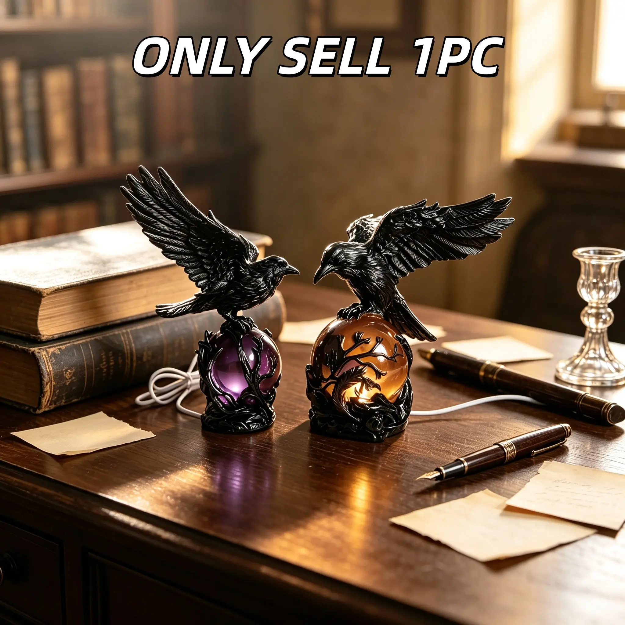 1PC Light-Up Black Raven Purple Crystal Ball Resin Night Light, Gothic Raven Table Lamp, Home Decoration Lamp, Spooky Decor for Bedroom & Bookshelf, Dark Home Gift for Halloween