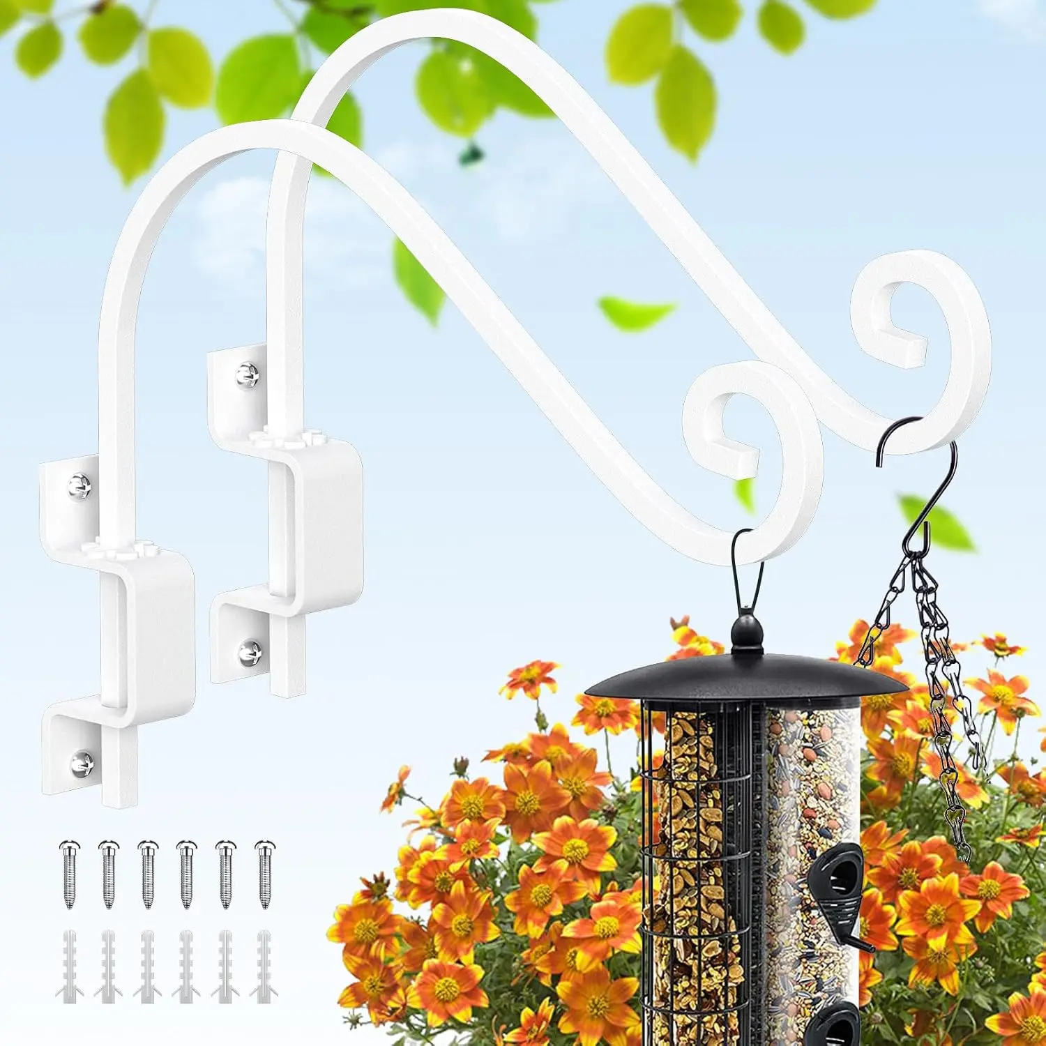 2-Pack 15in Swivel Mount Hangers - Heavy Duty Iron Coated Rust Resistant Metal Brackets, Heavy Load Hooks for Bird Feeders, Flower Baskets - 180° Rotating for Patio, Garden (White)