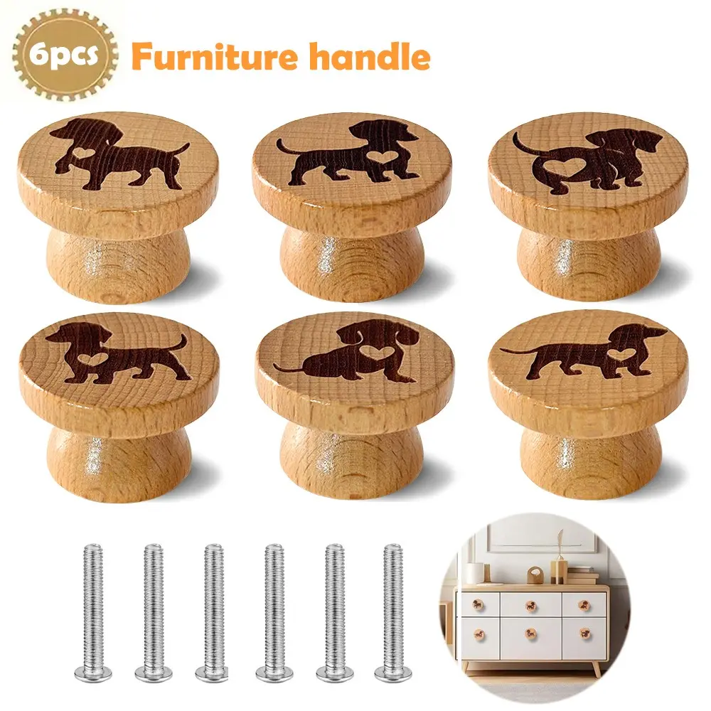 6pcs Handmade Beech Wood Furniture Handles, Boho Style with Dachshund Engravings, Kitchen Cabinet Pulls, Dresser Drawers Knobs