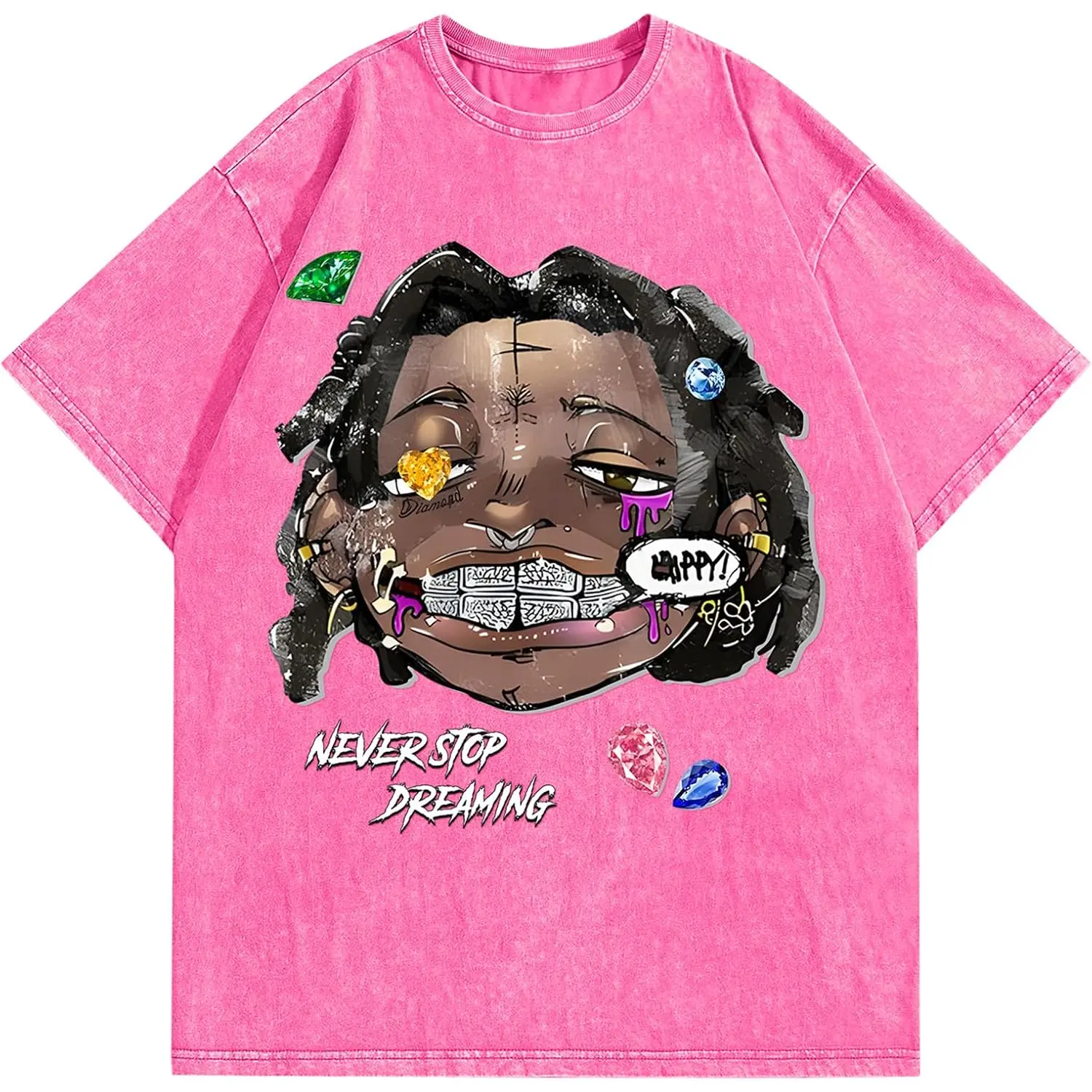 Never Stop Dreaming Graphic Tee Vintage Washed Cotton Tshirt Hip Hop Cartoon Portrait Y2K Pink Aesthetic Oversized T Shirt Women Short Sleeve Crewneck Top Retro Gift Men Loose Casual Top Fashion Streetwear