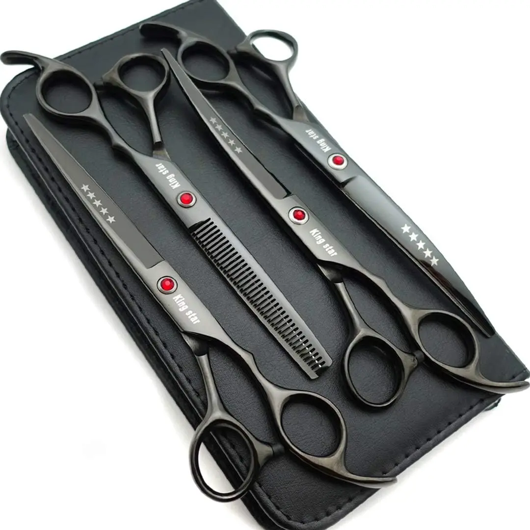 kingstar 7.0in Titanium Professional dog Grooming Scissors set,Straight & Thinning & Curved scissors 4pcs set for Dog grooming