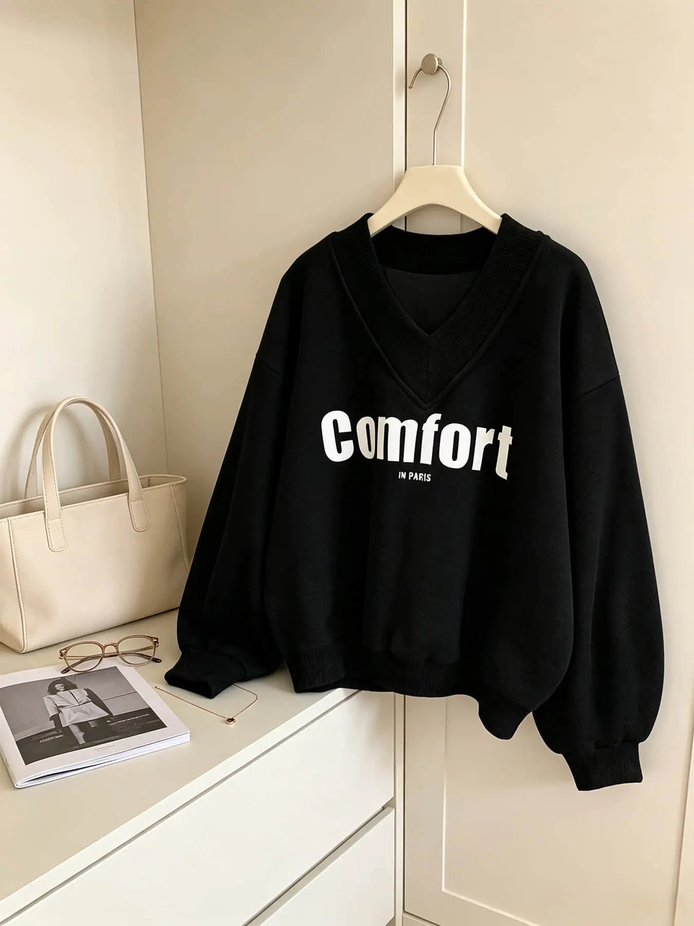 A women's fashionable V-neck lazy style loose and slimming pullover hoodie, suitable for autumn and winter seasons, suitable for daily commuting to work, indoor and outdoor wear