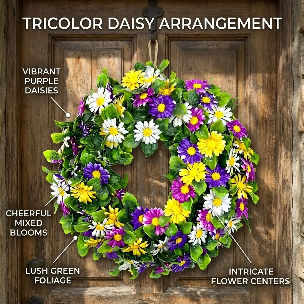 1PC Artificial Daisy Flower Wreath in Mixed Colors for Spring and Summer, Suitable for Indoor and Outdoor Decorations, Father's Day, Halloween, Thanksgiving, Christmas, and Year-Round Use for Homes, Weddings, Parties, Gardens, Patios, Walls, and Doors