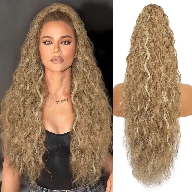 Koni Wig for Export to Europe & America, 30-inch Claw Clip Ponytail Wig for Women, Sea Wave Long Curly Style, Voluminous Heat-Styled Texture