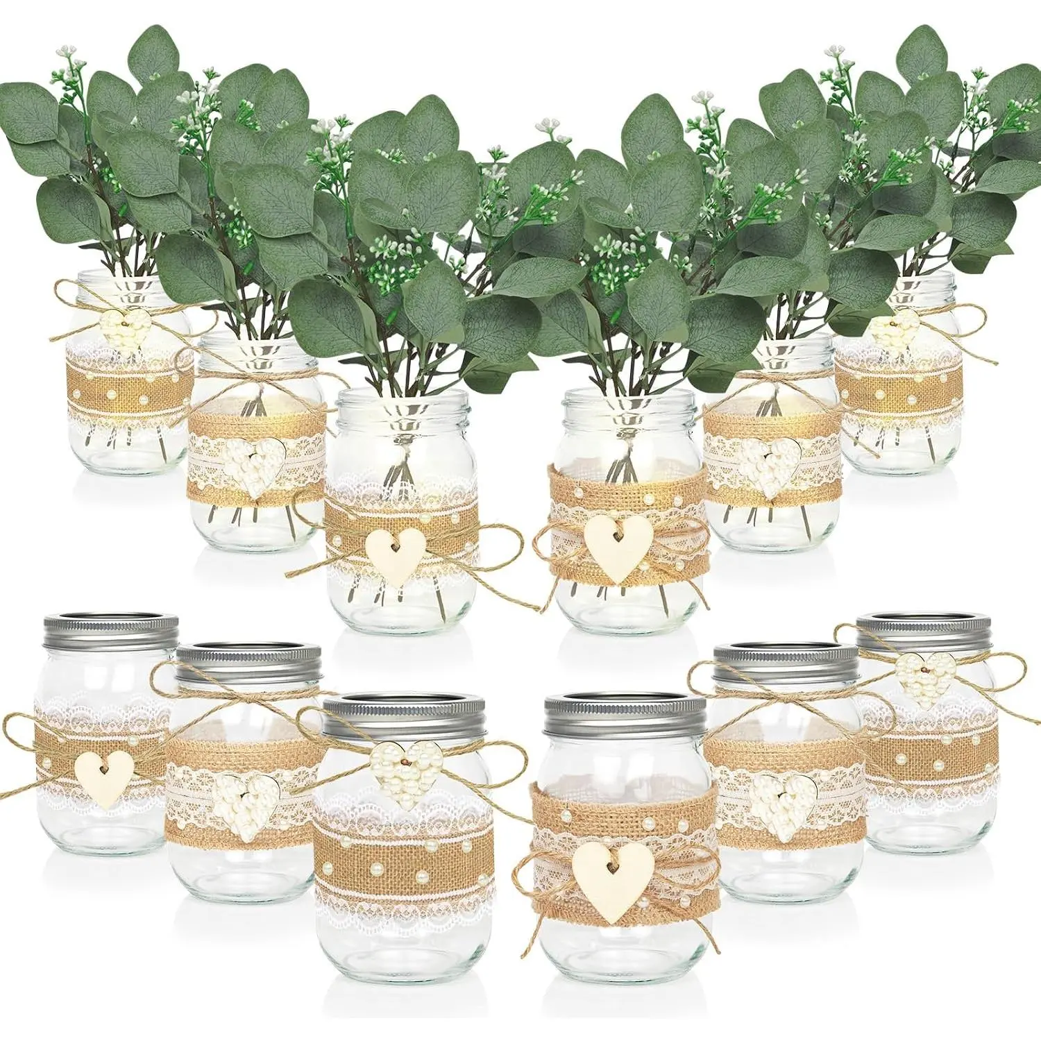 6 Sets Mason Jar Centerpieces with Eucalyptus & Lace Sleeve – Rustic Wedding Table Decor, Flower Centerpieces for Tables, Bridal Shower,  Shower, Engagement Party Decorations