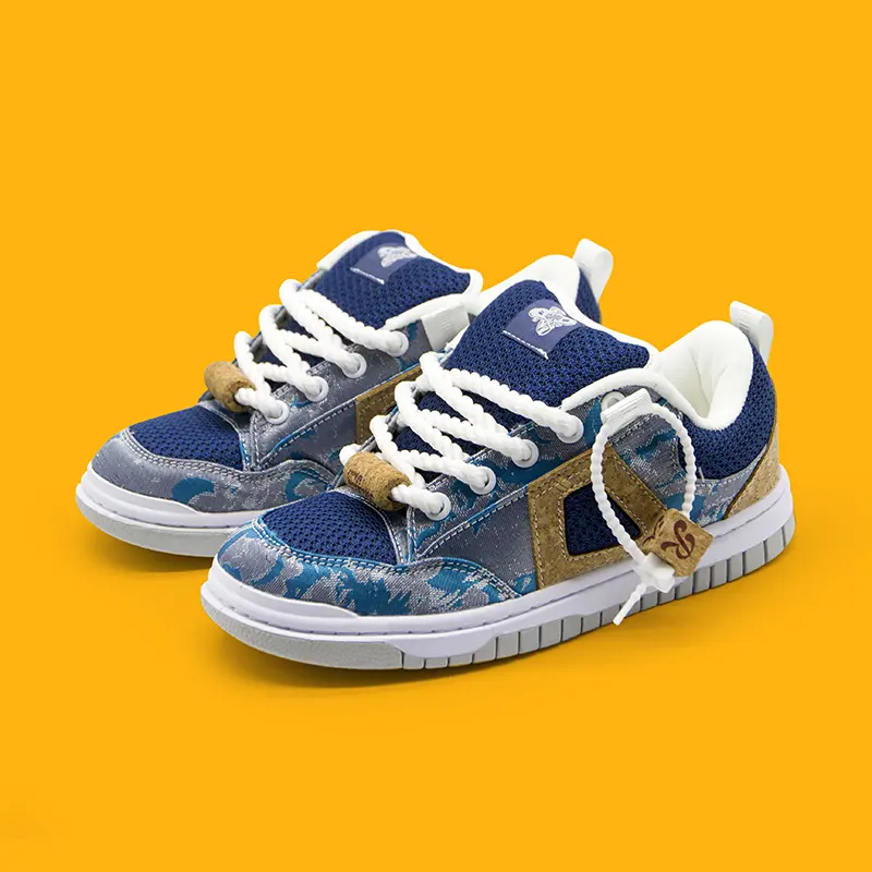 Blue Camo Jacquard Cork Panel Skate Sneakers Unisex Chunky White Rope Laces Gray White Two-Tone Platform Low Top Retro Outdoor Street Casual Board Shoes