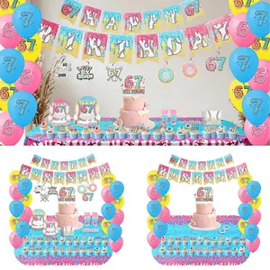 6 7 Birthday Party Decoration Set Reusable 6 7 Happy Birthday Decor Supplies with Balloon Banner Tablecloth Cake Topper for