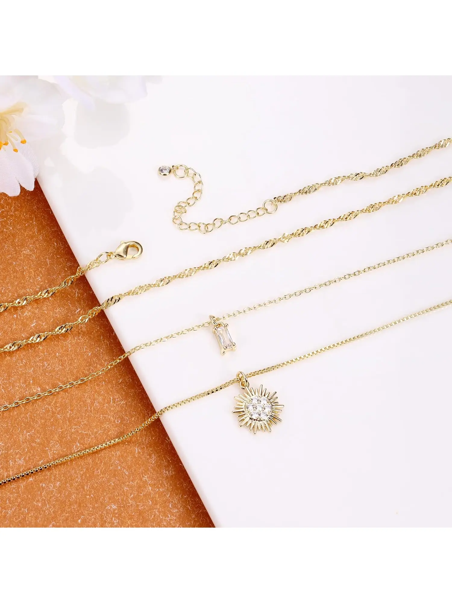 3Pcs Dainty 14K Gold Plated Stackable Layered Necklace Set for Women, Wave Chain, Box Chain & CZ Pendant Choker Necklaces, Minimalist Fashion Jewelry, Ideal for Daily Outfits, Party & Holiday Gifts