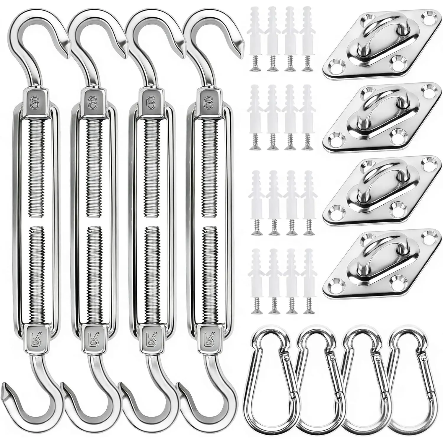 44 Pcs Shade Sail Kit, 6 Inch Sun Sail Accessories, 304 Stainless Turnbuckles & Brackets for/Rectangle Sails, Installation Set Waterproof