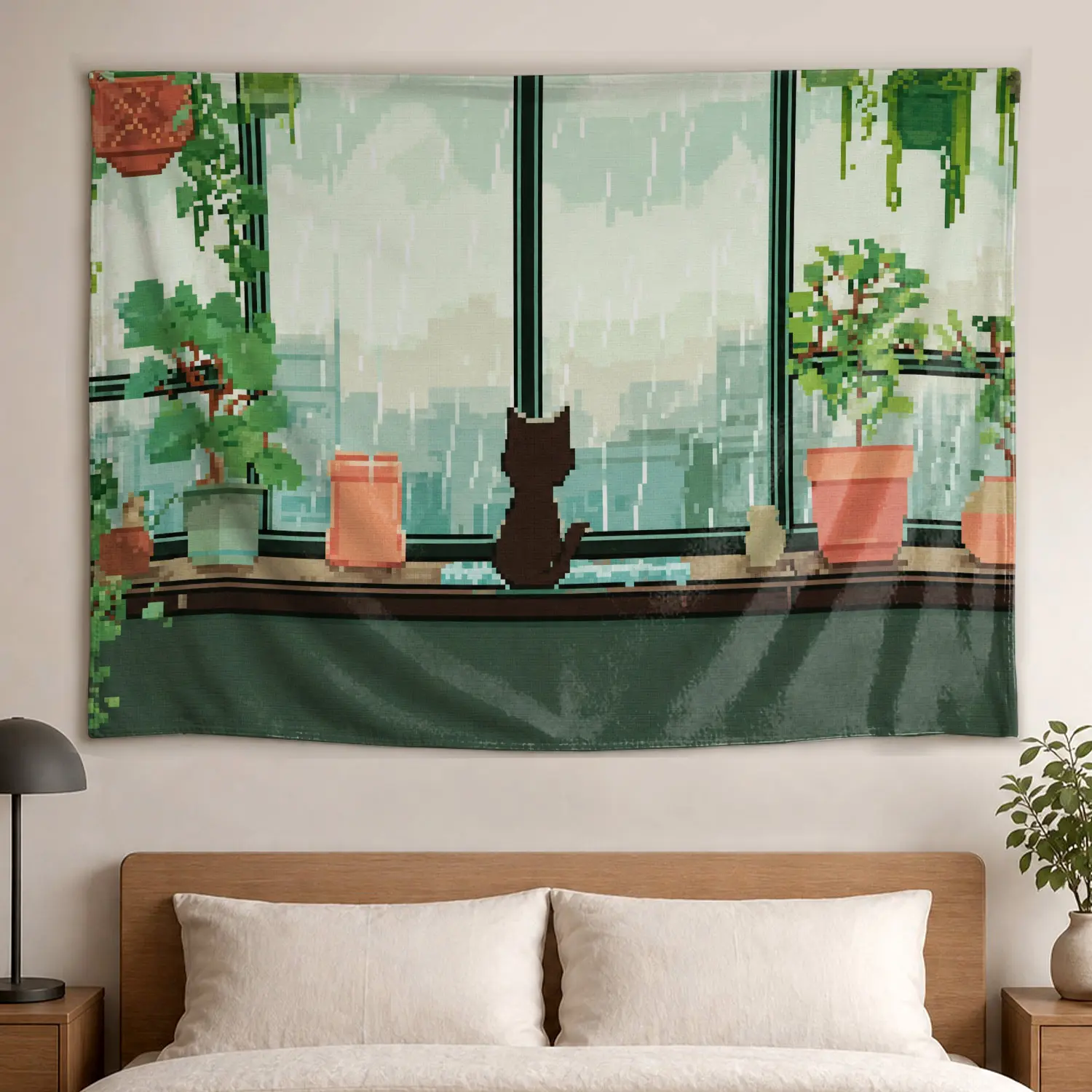 Large Horizontal Pixel Art Cat Window Rain Plant Wall Tapestry - Polyester Artwork Wall Decor, No-Installation Room Decoration, Indoor-Outdoor Home Decor Gift Idea for Family