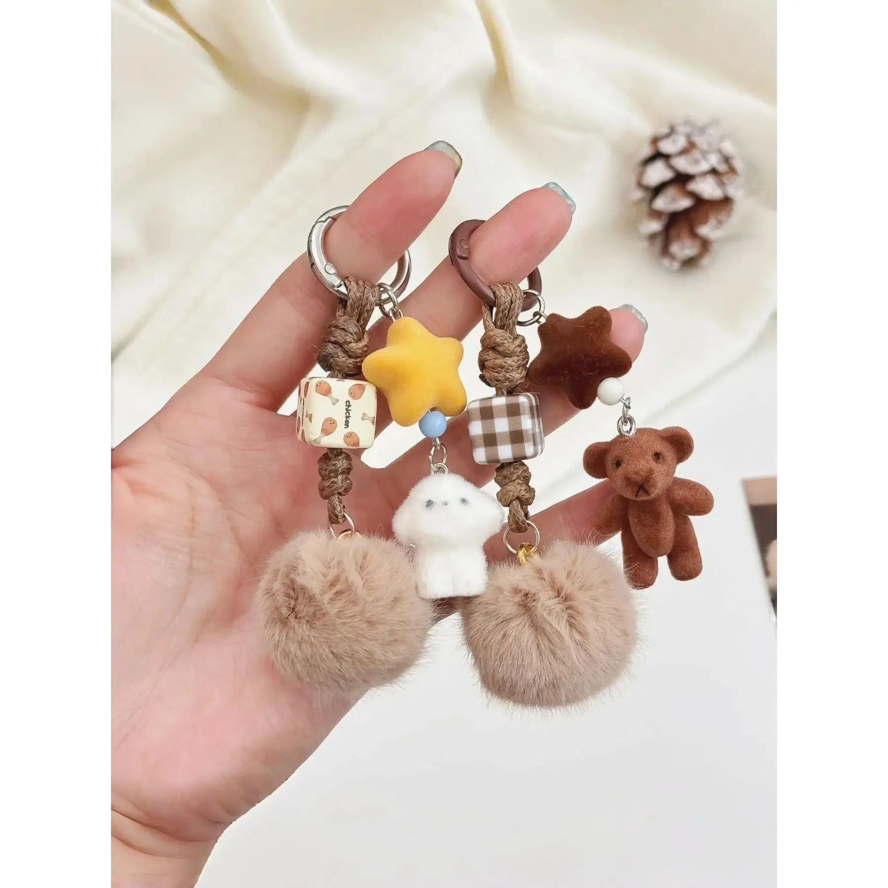 Brown Velvet Teddy Bear Bag Charm with Fluffy Pom Pom, Soft Cozy Cute Keychain & Phone Charm, Fuzzy Handbag Accessory, Universal Keychain Attachment, Ideal Winter Gift for Girls