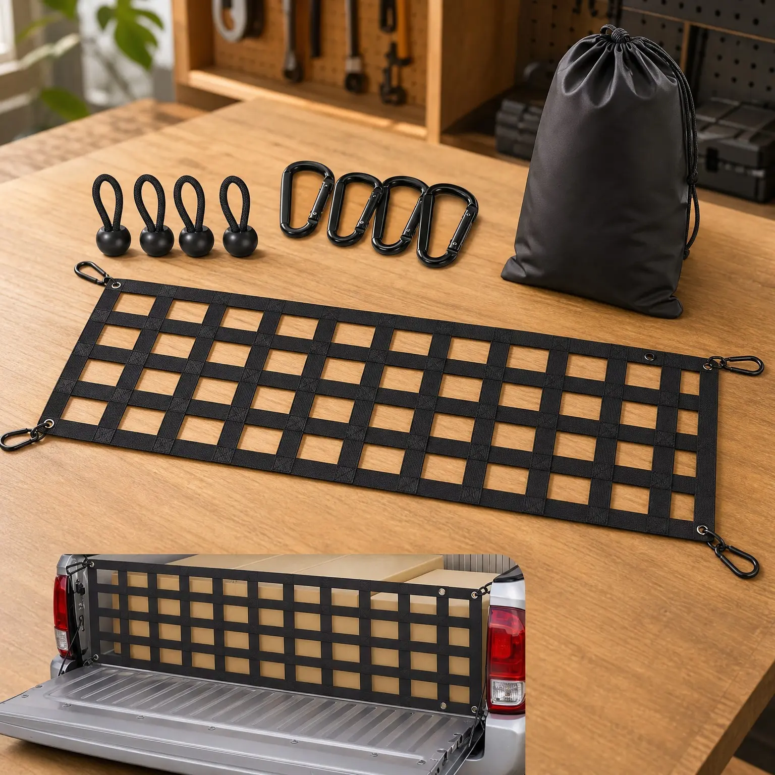 Heavy Duty Tailgate Net for Truck Bed, 60" x 18", with 4 Adjustable Buckle Straps, Easy-to-Use Cargo Netting for Full Size Pickup, BlackGift