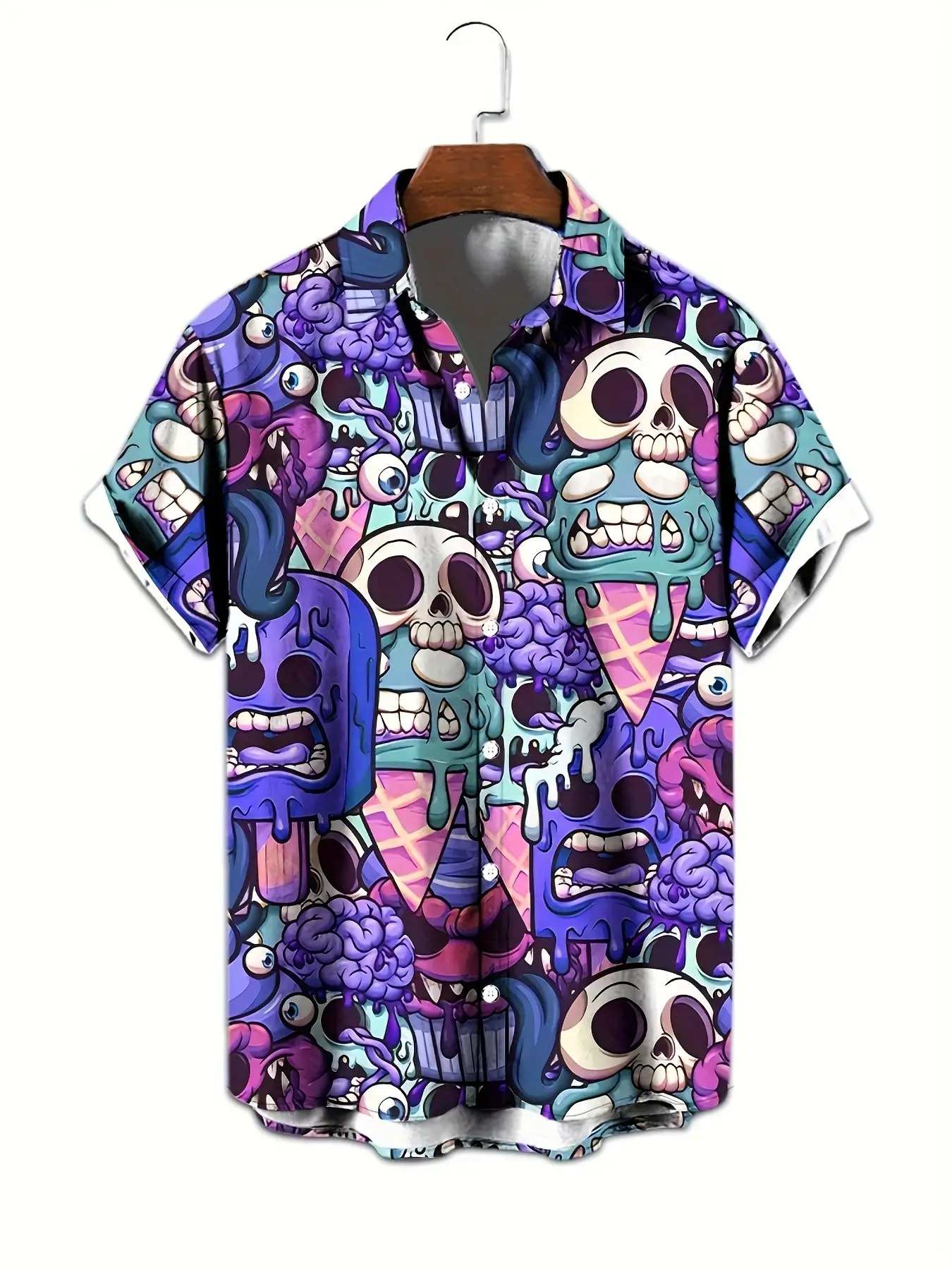 Funny Melting Ice Cream Skull Digital Print Short Sleeve Shirt, Plus Size Hip Hop Casual Flower Shirt, Unisex Streetwear Top, Casual Outings Shirt