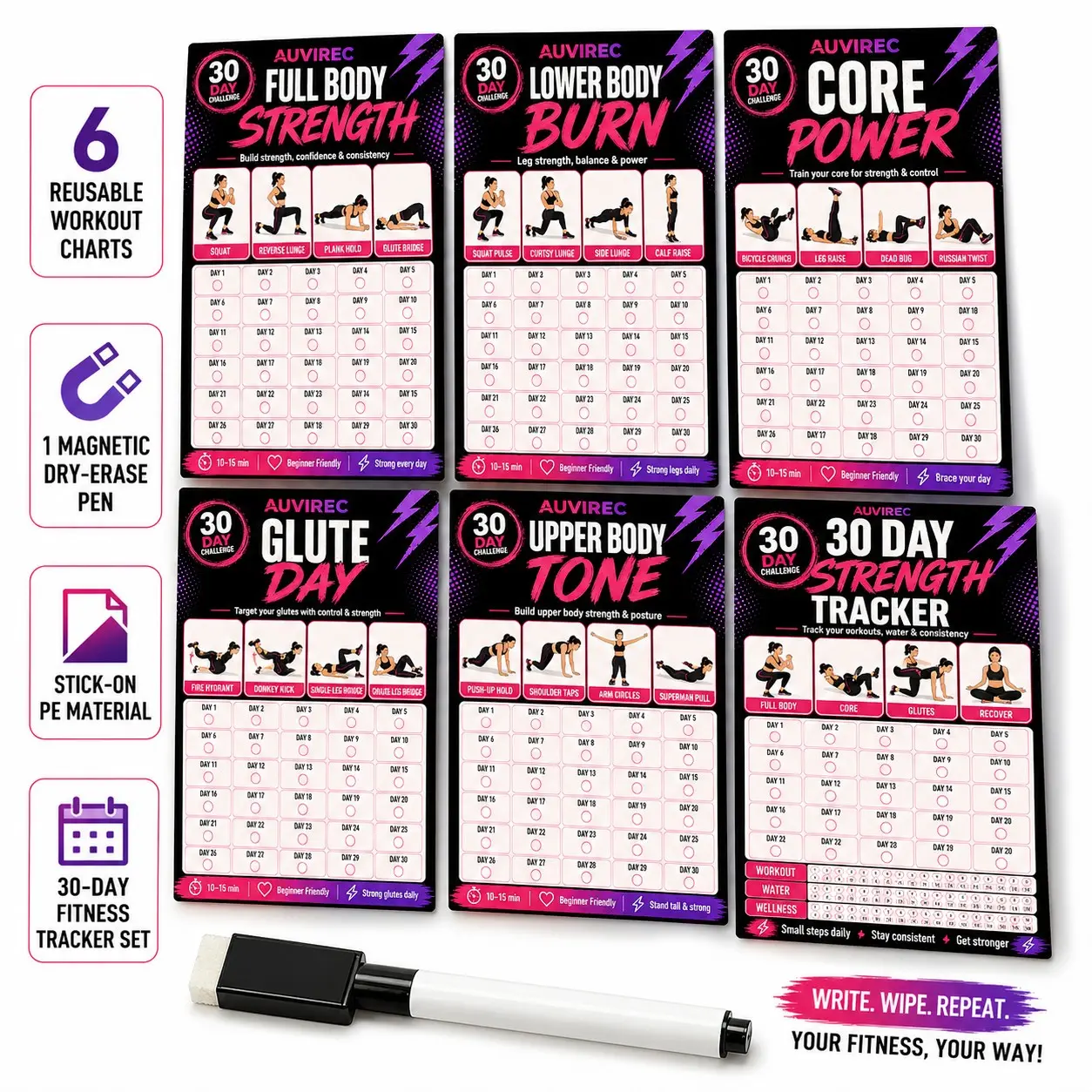 Auvirec 6-Piece Reusable Fitness Planner Set, 30-Day Workout Tracker Board, Pet Erasable Exercise Log, Includes Marker Pen, Home Gym Goal Manager