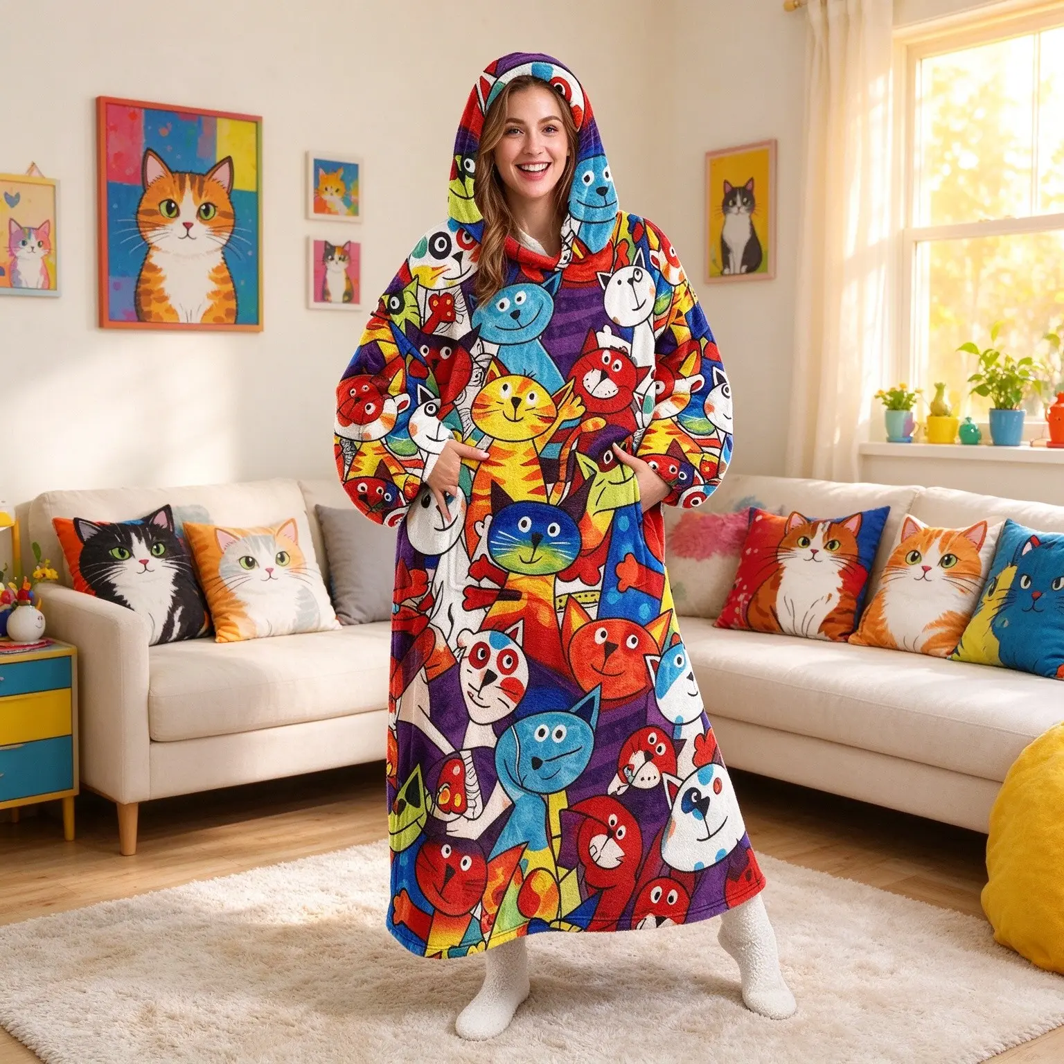 1PC Unisex Extra Large Size Flannel Wearable Blanket Pop Art Colorful Cat Pattern Hooded Robe with Pockets Women Loungewear Nightshirt Christmas Halloween Gift Blanket
