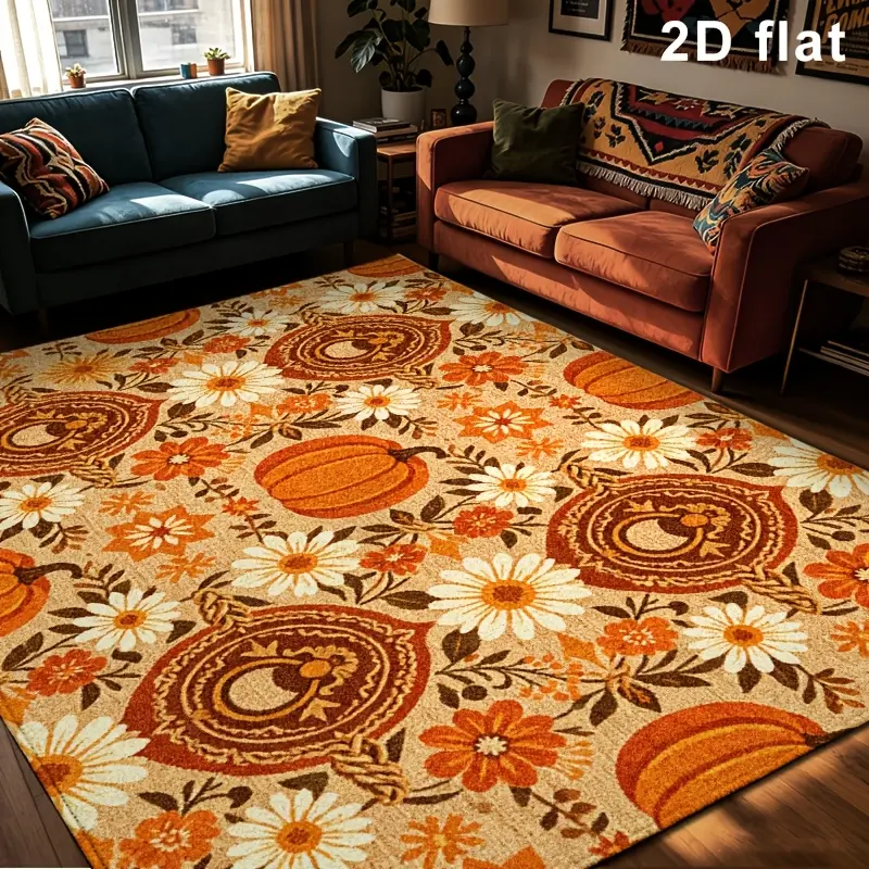 pattern,design,thick,,Velvet Large Area Rug Non Slip Living Room Vintage Fall Pumpkin Plush Soft Carpet for Bedroom Home Decor Beige Nordic Style Printed Durable Stain Resistant Pet Friendly Eco Friendly Warm Earth Tone Indoor Floor Mat